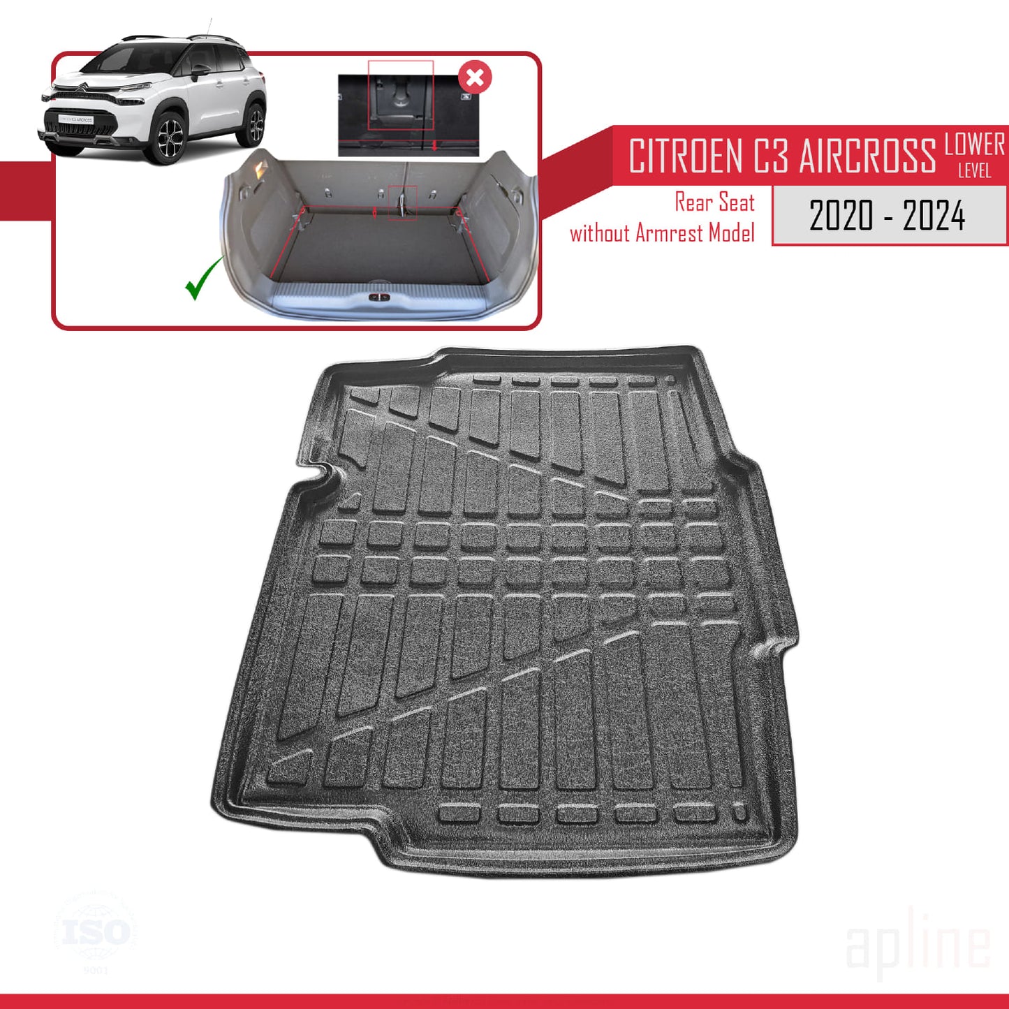 Trunk Mats for Citroen C3 AIRCROSS 2020-2024 Lower Position Flexible Cargo Liner BLACK