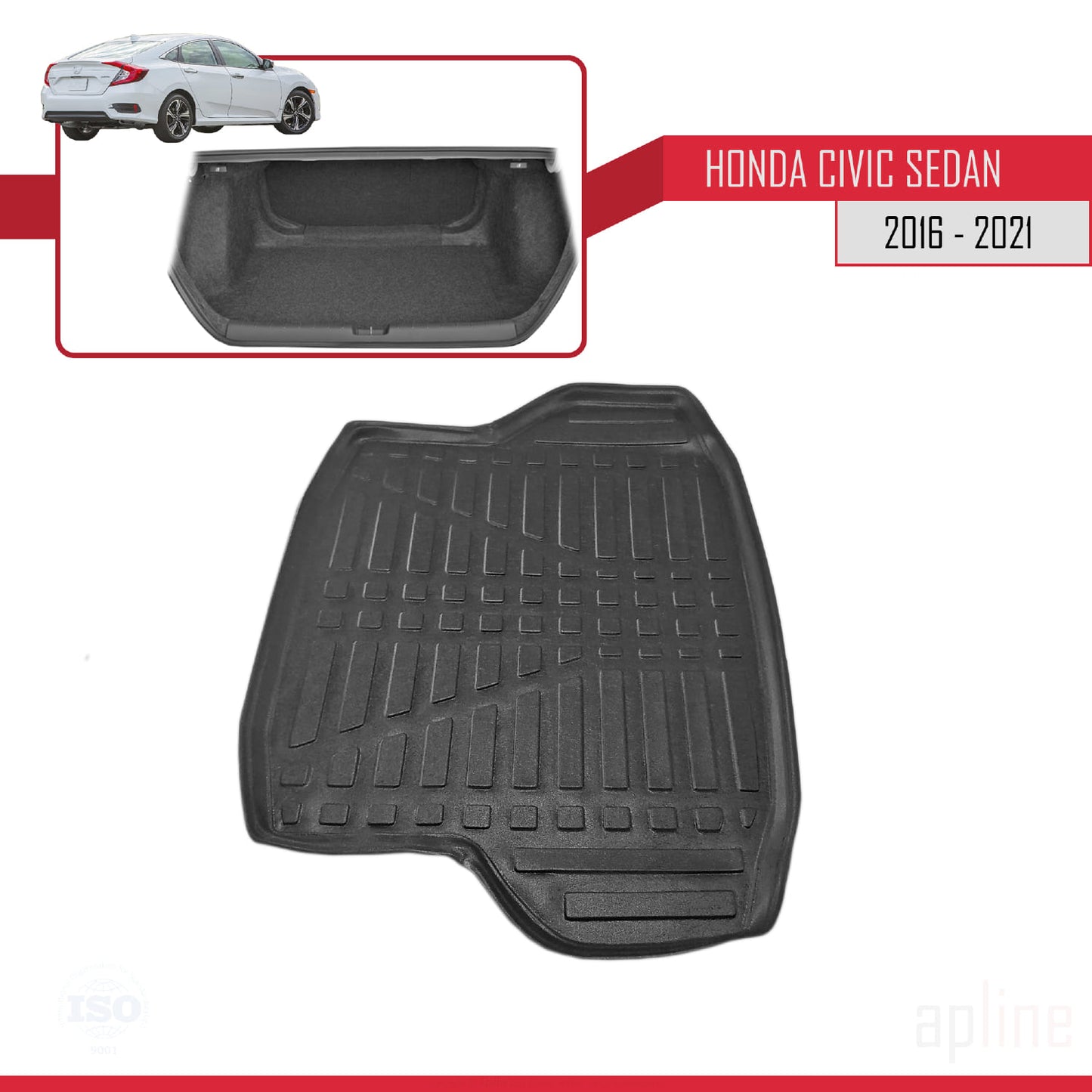 Compatible with Honda Civic 10 (FC) Sedan 2016-2021 Flexible Trunk Mats Cargo Liner Black