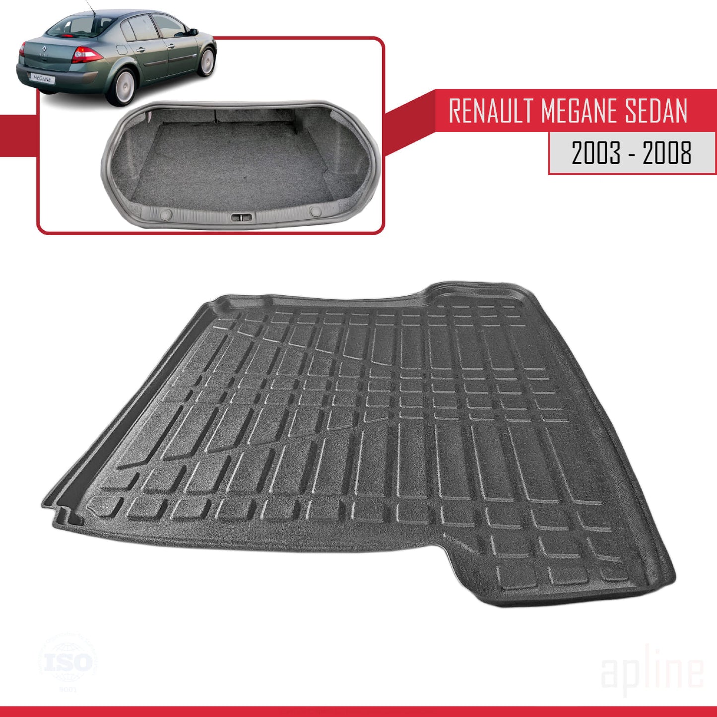 Compatible avec Renault Megane 2 Berline 2003-2008 Flexible Tapis de Coffre Plancher de Chargement Noir