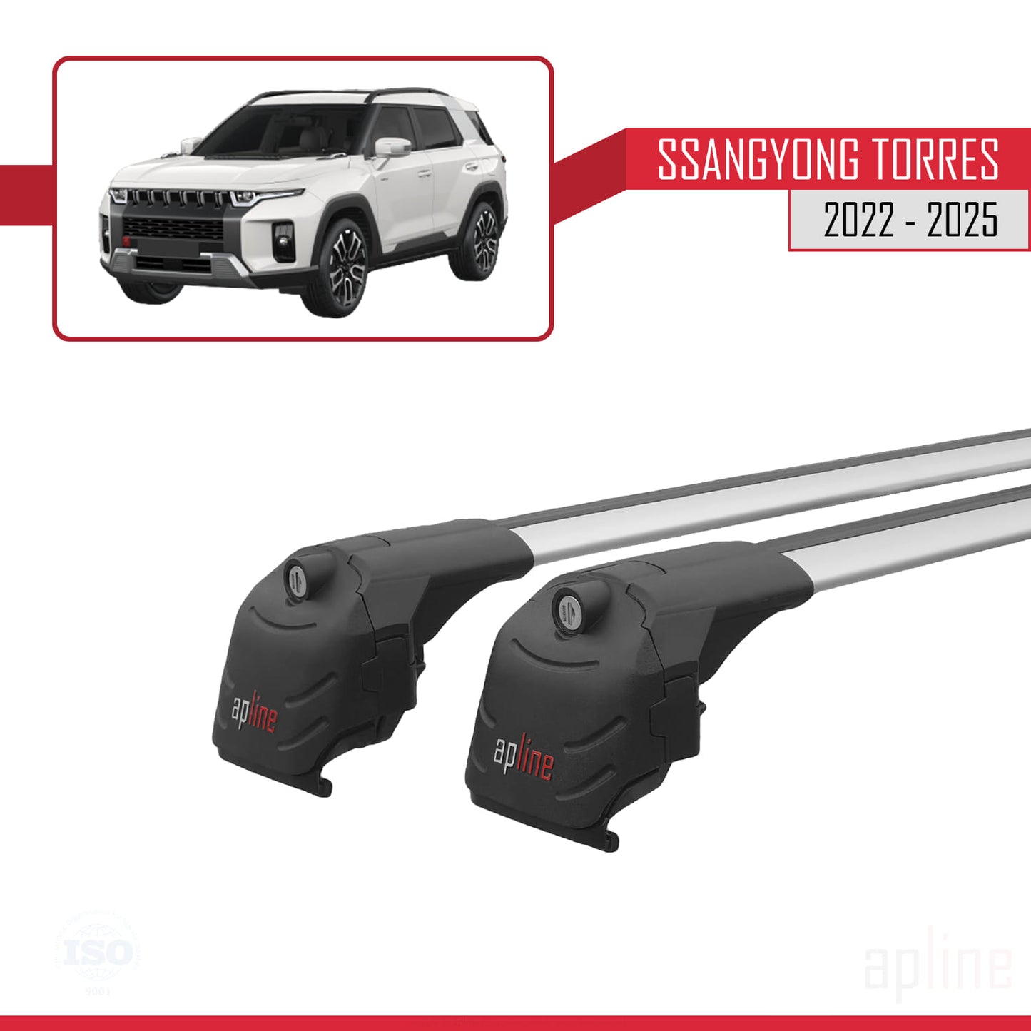 Compatible with SsangYong Torres 2022-2025 ACE-2 Car Roof Rack Cross Bar Grey Aluminium 2 Bars