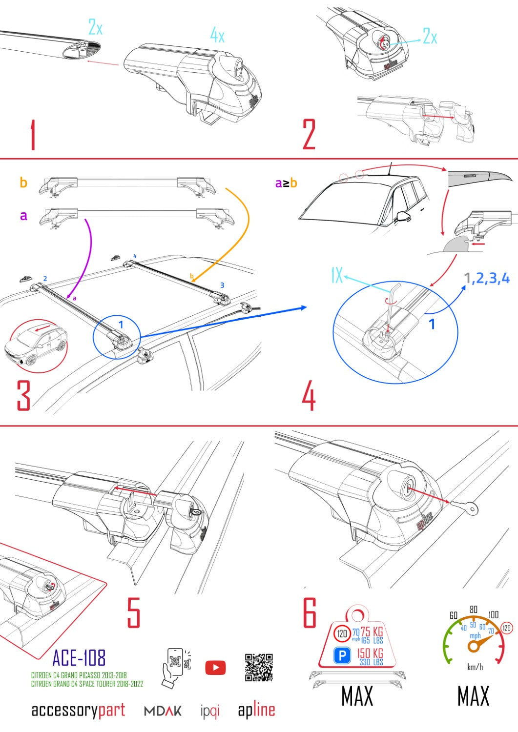 Compatible avec Citroen Grand C4 Space Tourer 2018-2022 ACE-1 Barres de Toit Railing Porte-Bagages de Voiture Noir Aluminium 2 Barres