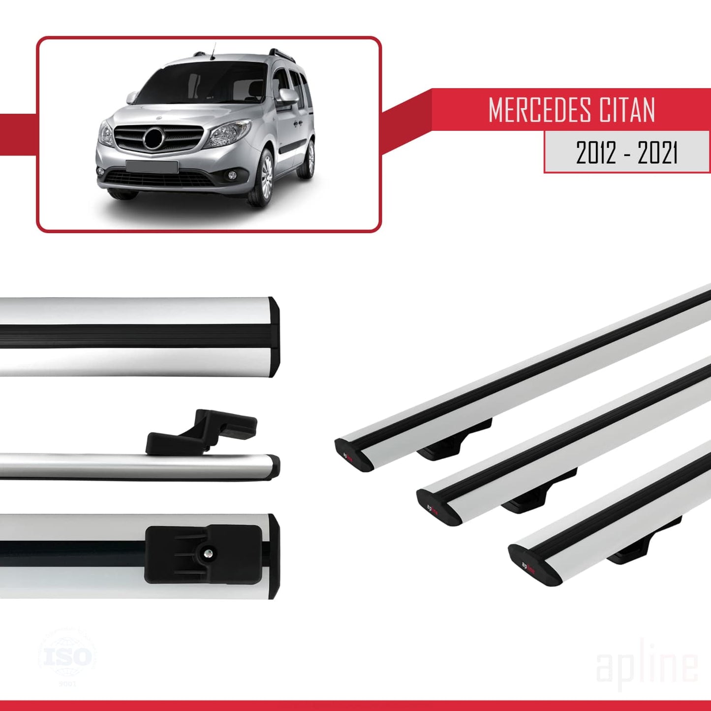 Compatible avec Mercedes Citan (W415) 2012-2021 BASIC Model Barres de Toit Railing Porte-Bagages de Voiture Gris Aluminium 3 Barres