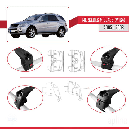 Compatible avec Mercedes Classe M 2 (W164) Pre-Facelift 2005-2008 ACE-2 Barres de Toit Railing Porte-Bagages de Voiture Noir Aluminium 2 Barres