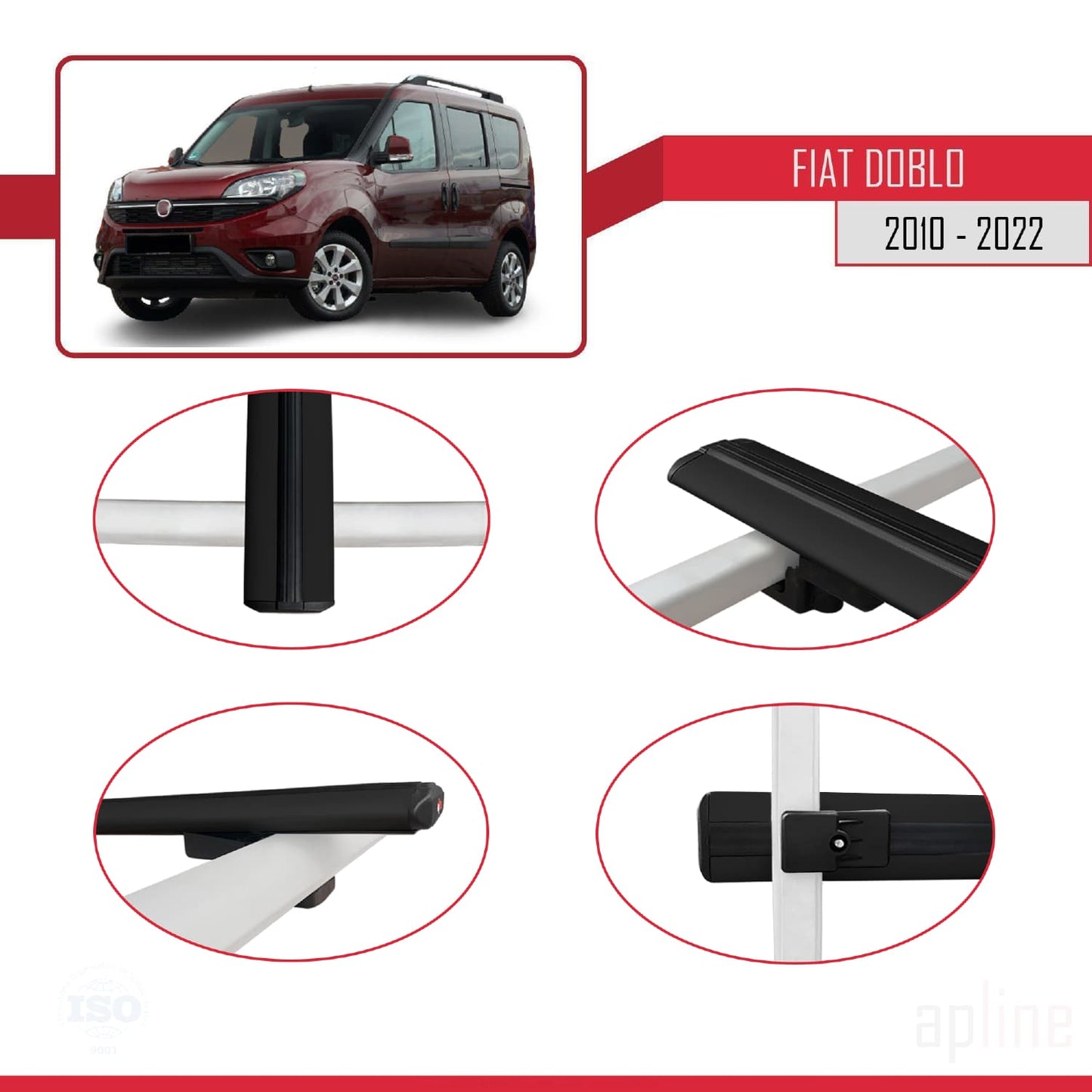 Compatible avec Fiat Doblo 2 2010-2022 BASIC Model Barres de Toit Railing Porte-Bagages de Voiture Noir Aluminium 4 Barres