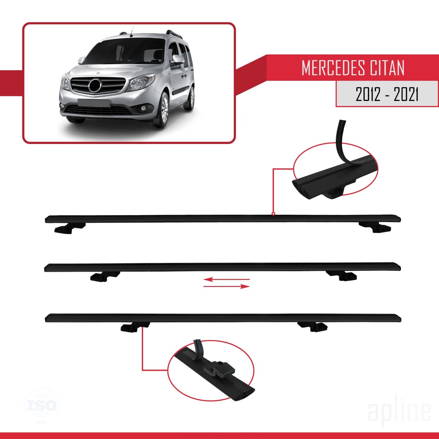 Compatible avec Mercedes Citan (W415) 2012-2021 BASIC Model Barres de Toit Railing Porte-Bagages de Voiture Noir Aluminium 3 Barres