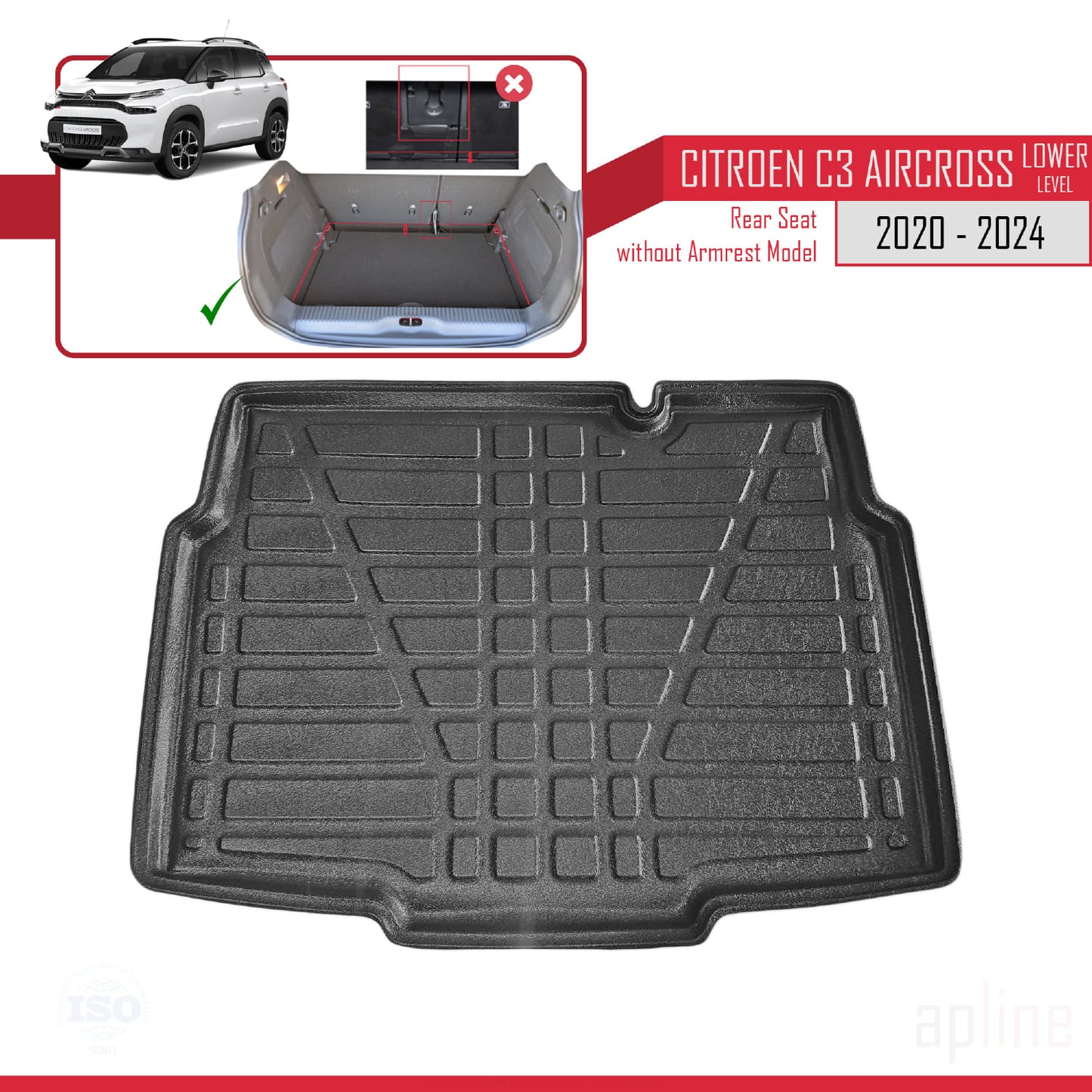 Trunk Mats for Citroen C3 AIRCROSS 2020-2024 Lower Position Flexible Cargo Liner BLACK