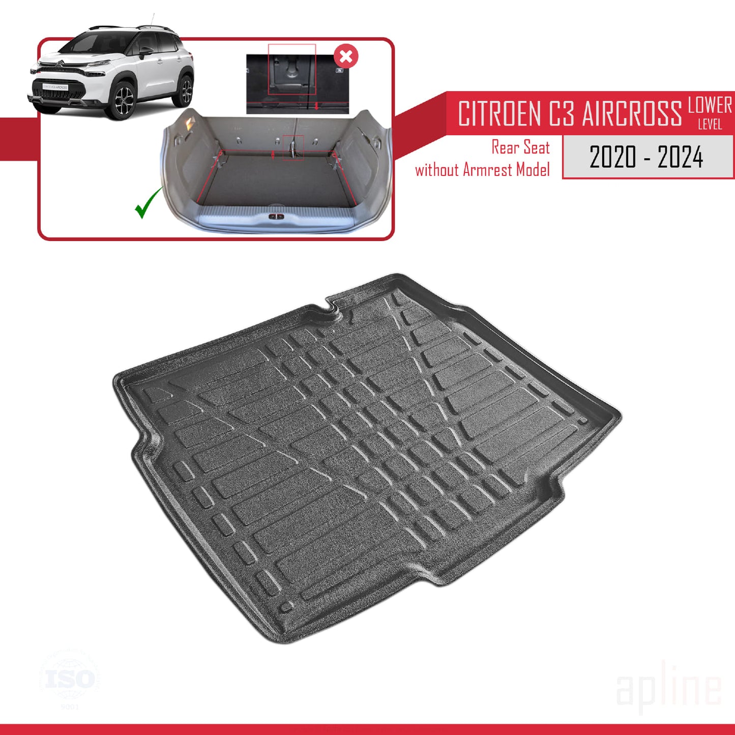 Trunk Mats for Citroen C3 AIRCROSS 2020-2024 Lower Position Flexible Cargo Liner BLACK