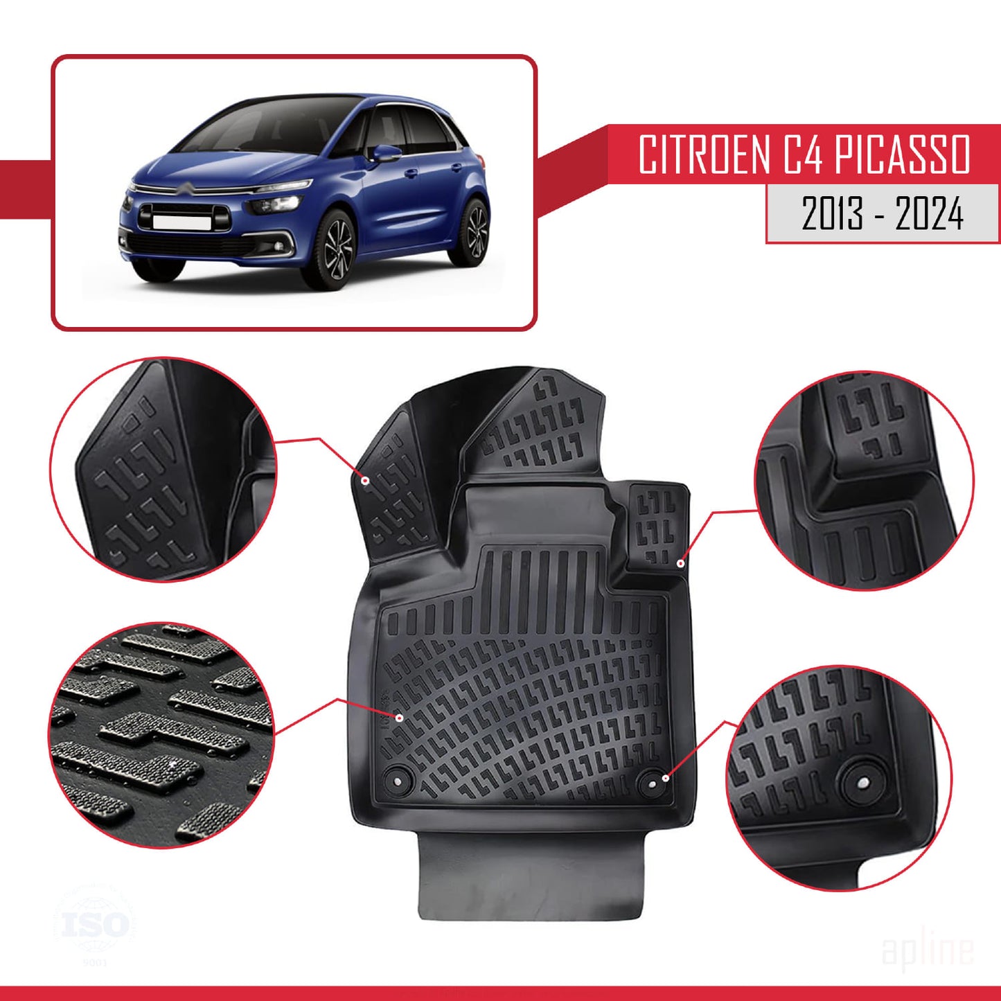 Compatible avec Citroen C4 Picasso 2 2013-2022 4D Tapis de Voiture Noir