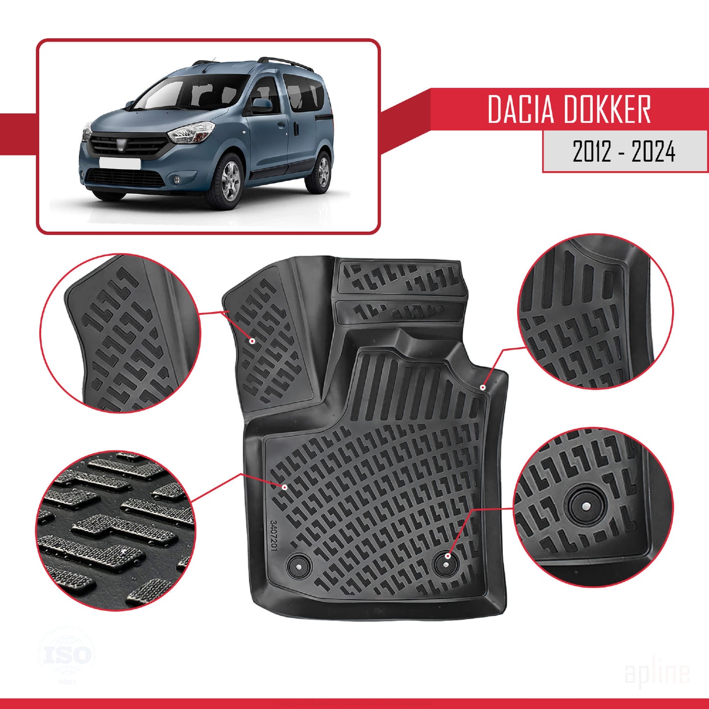 Compatible avec Dacia Dokker (K67) 2012-2024 4D Tapis de Voiture Noir