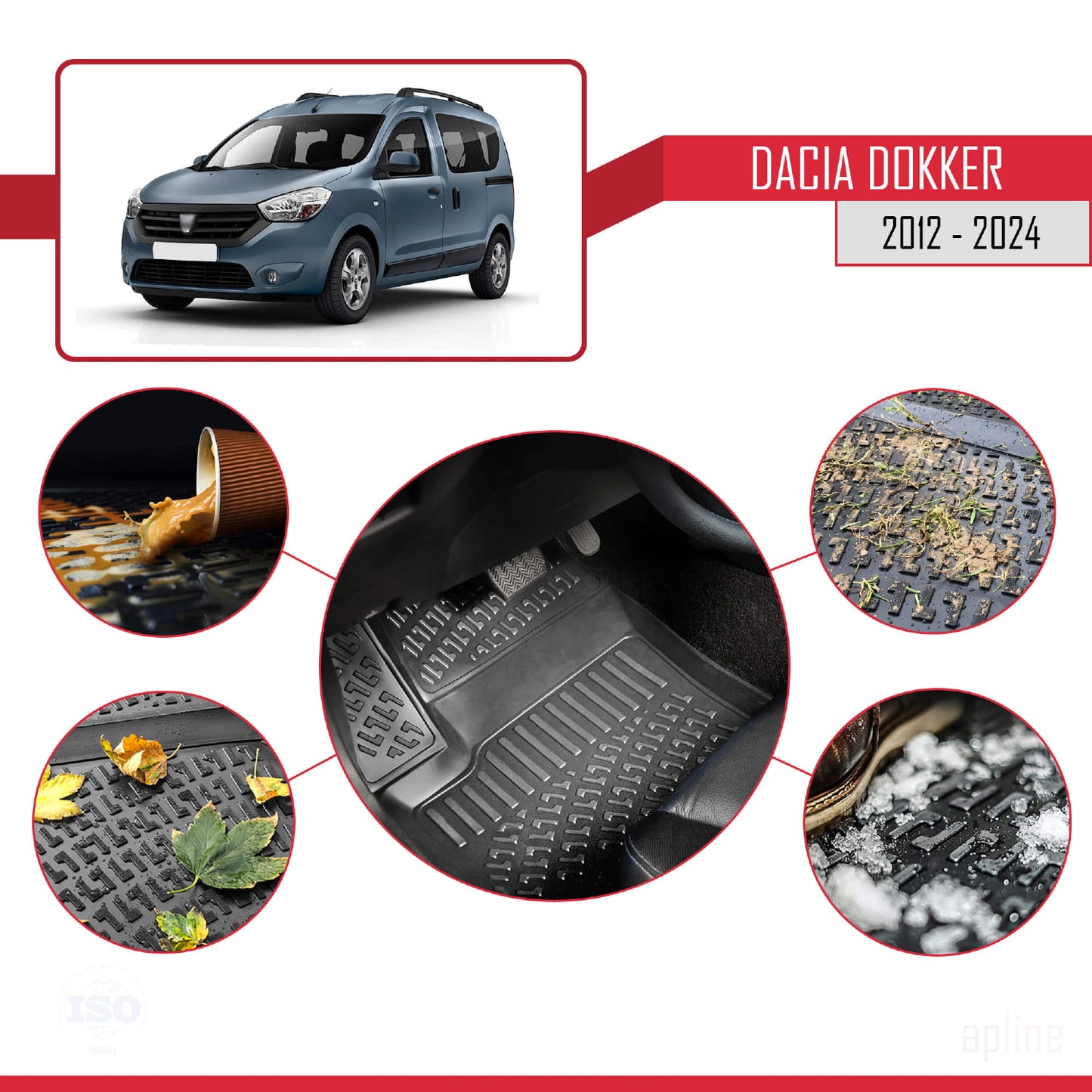 Compatible avec Dacia Dokker (K67) 2012-2024 4D Tapis de Voiture Noir