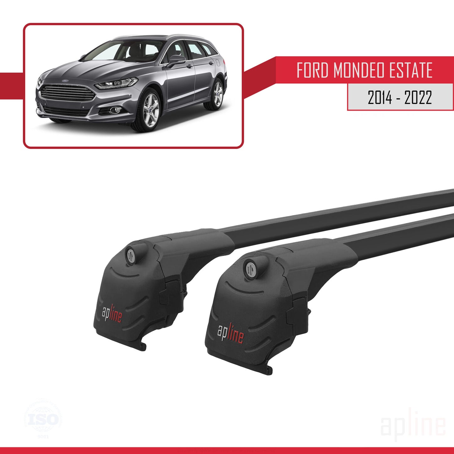 Compatible avec Ford Mondeo 4 (CD391) 2014-2022 ACE-2 Barres de Toit Railing Porte-Bagages de Voiture Noir Aluminium 2 Barres