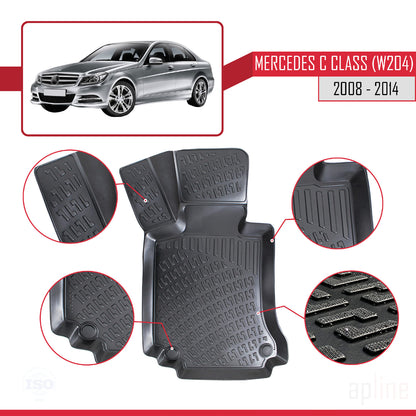 Compatible avec Mercedes Classe C 3 (W204) 2008-2014 4D Tapis de Voiture Noir