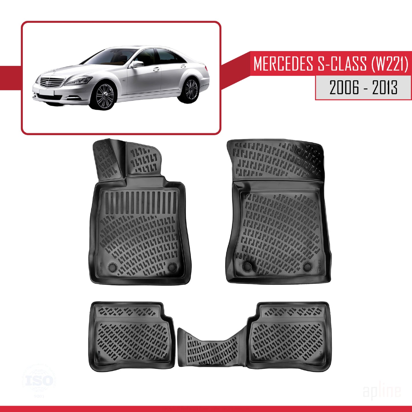 Compatible avec Mercedes S Class (W221) 2006-2013 4D Tapis en Caoutchouc NOIR