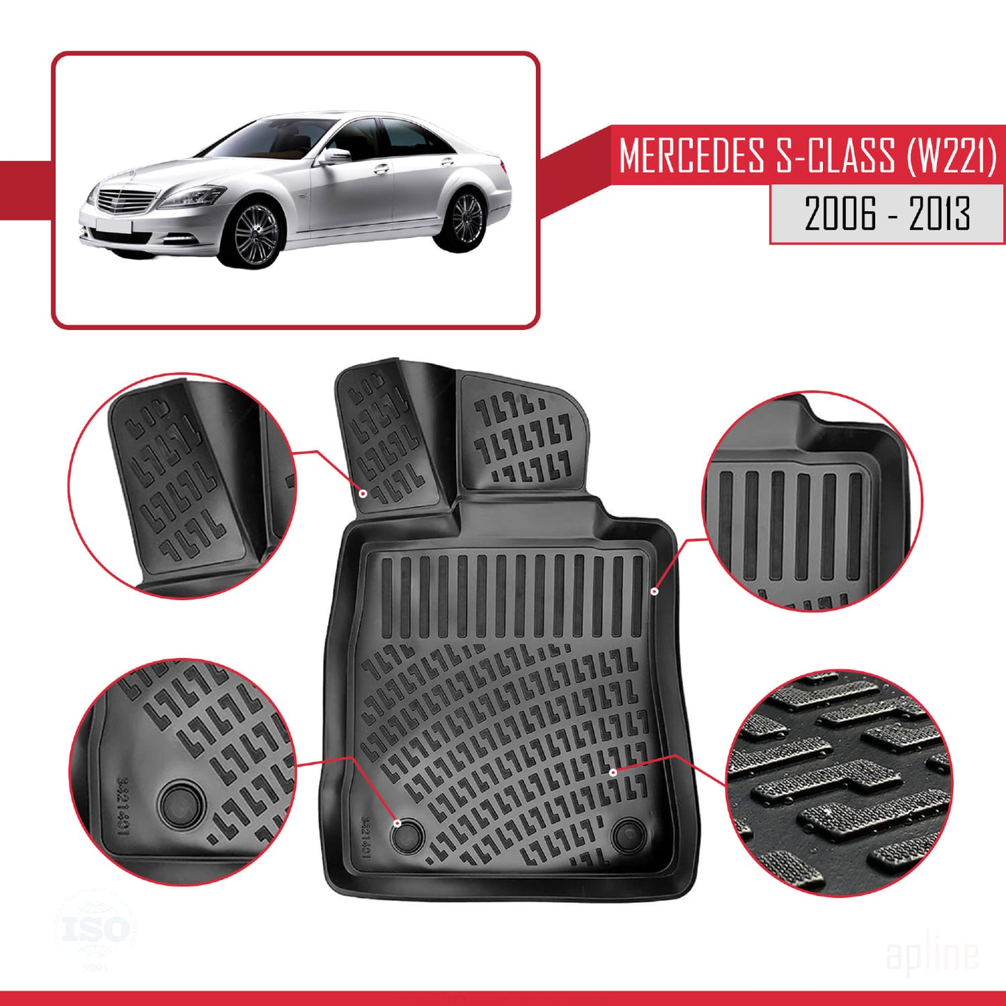 Compatible avec Mercedes S Class (W221) 2006-2013 4D Tapis en Caoutchouc NOIR