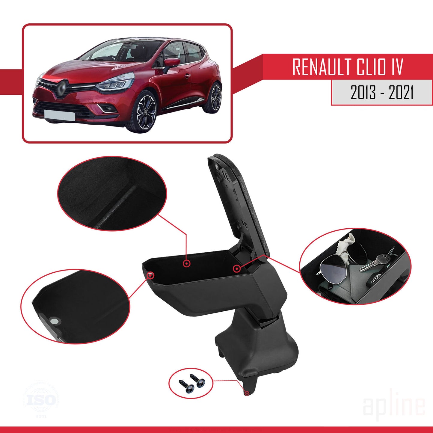 Accoudoir Central pour Renault Clio (4) 2013-2023 Console de Rangement Compartiment Similicuir NOIR