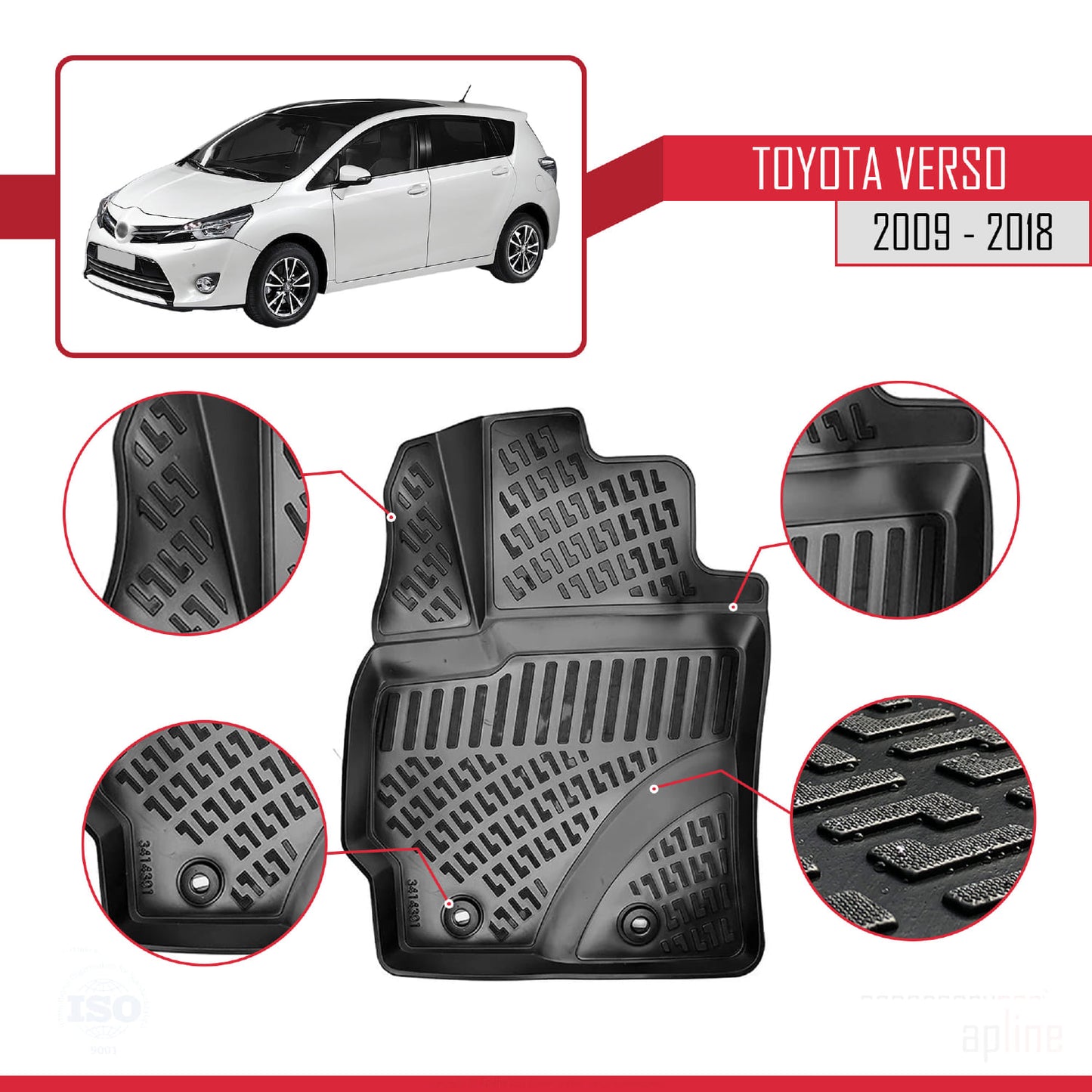 Compatible avec Toyota Verso (AR20) 2009-2018 4D Tapis de Voiture Noir