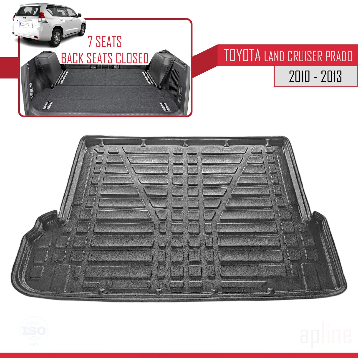 Compatible avec Toyota Land Cruiser Prado (J150) (7 Koltuk) 2010-2023 Flexible Tapis de Coffre Plancher de Chargement Noir