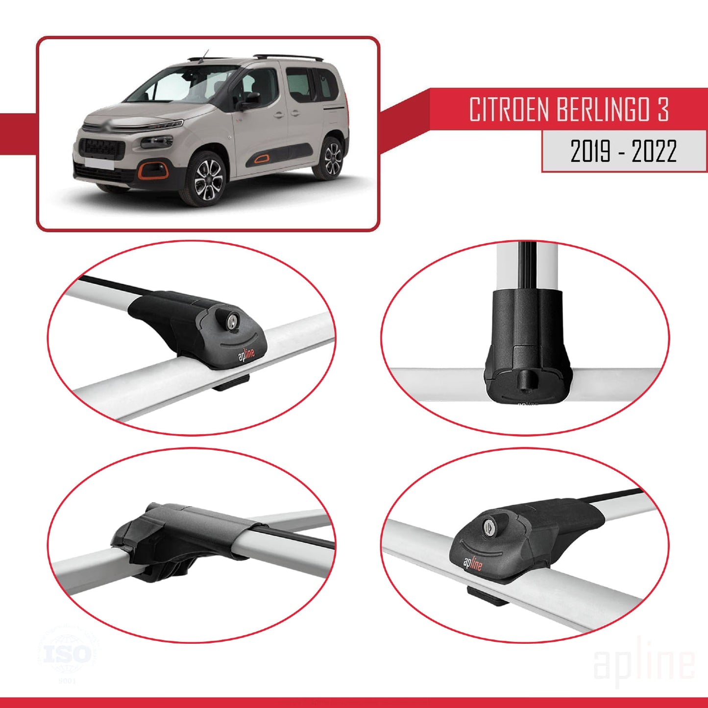 Compatible avec Citroen Berlingo 3 (K9) 2019-2022 ACE-1 Barres de Toit Railing Porte-Bagages de Voiture Gris Aluminium 4 Barres