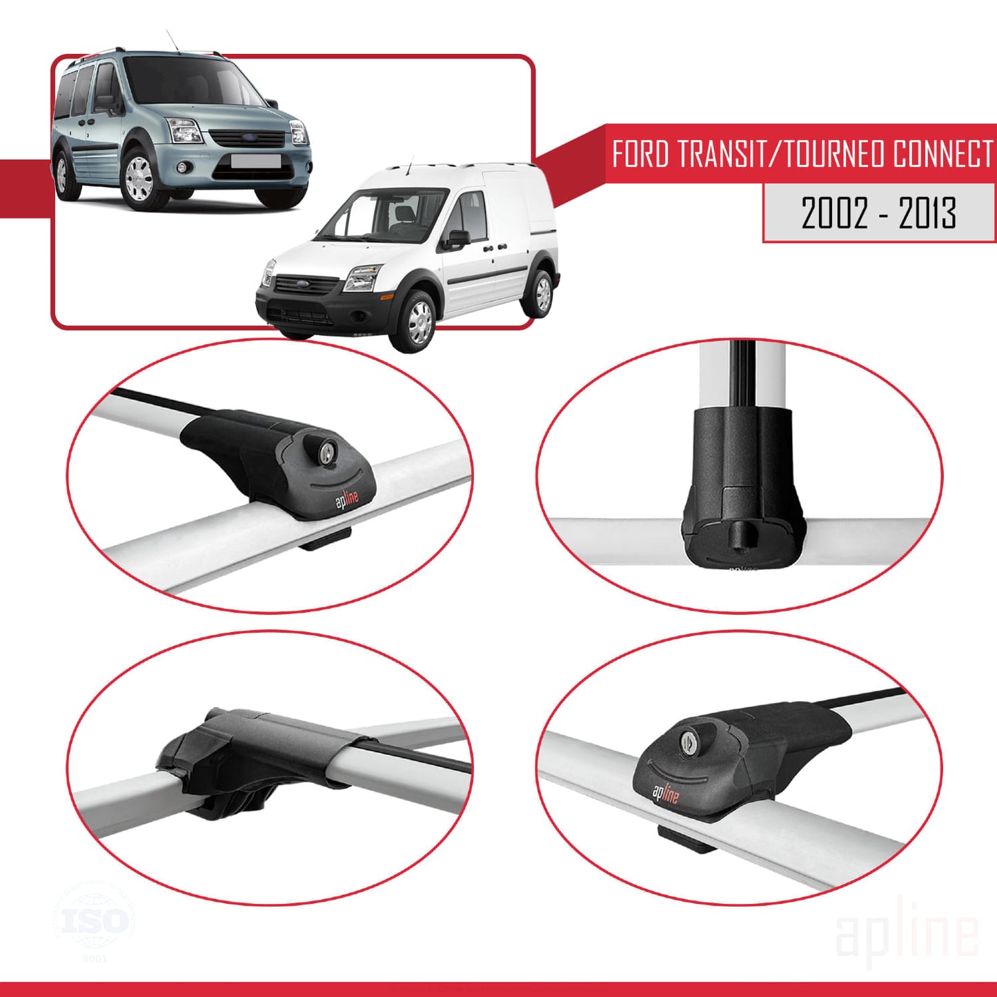 Compatible with Ford Transit/Tourneo Connect 2002-2013 ACE-1 Car Roof Rack Cross Bar Grey Aluminium 4 Bars