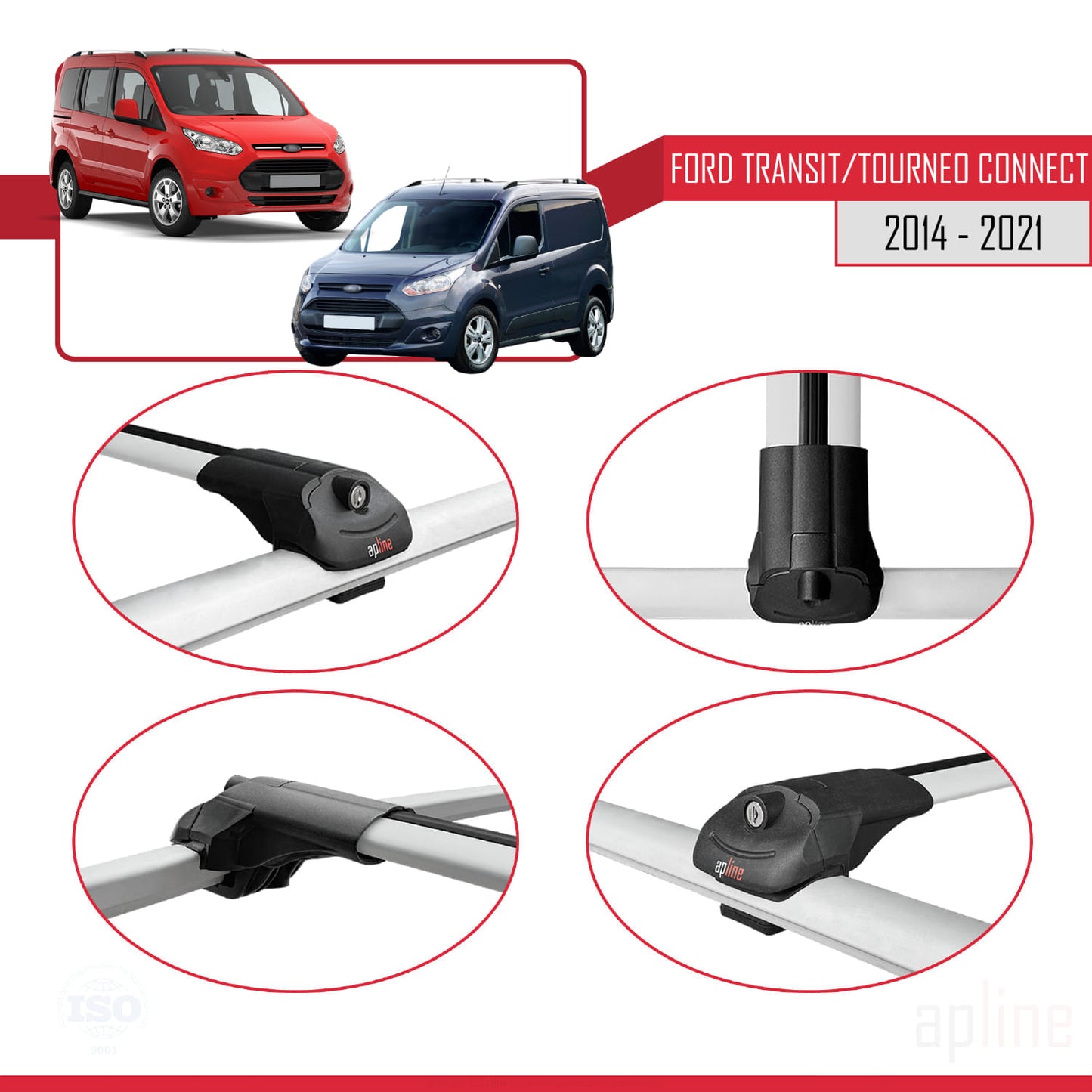 Compatible with Ford Transit/Tourneo Connect 2 2014-2021 ACE-1 Car Roof Rack Cross Bar Grey Aluminium 4 Bars