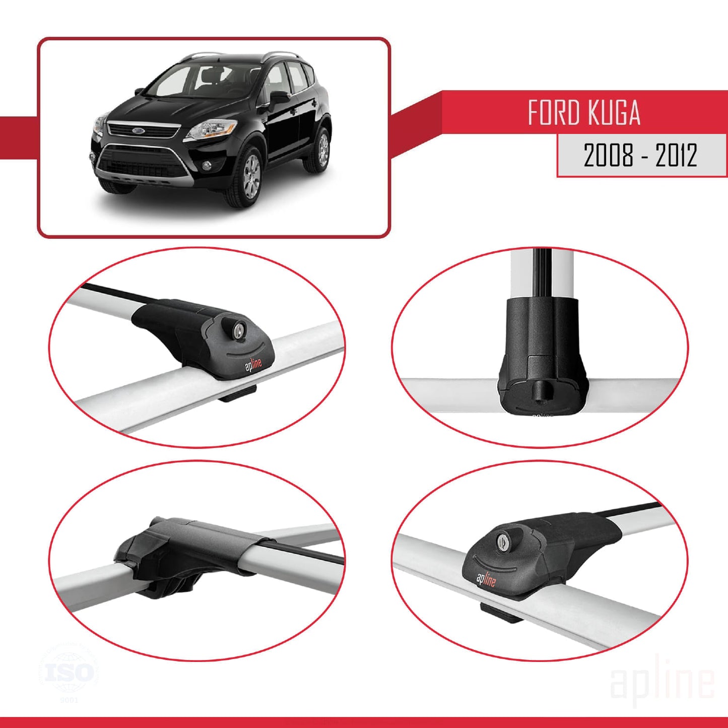 Compatible avec Ford Kuga (C394) 2008-2012 ACE-1 Barres de Toit Railing Porte-Bagages de Voiture Gris Aluminium 3 Barres