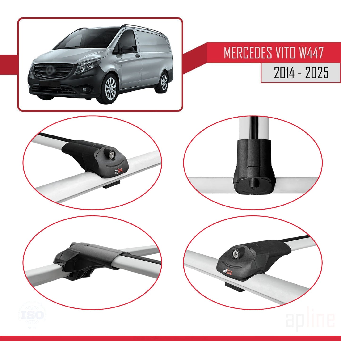 Compatible avec Mercedes Vito 3 (W447) 2014-2025 ACE-1 Barres de Toit Railing Porte-Bagages de Voiture Gris Aluminium 4 Barres