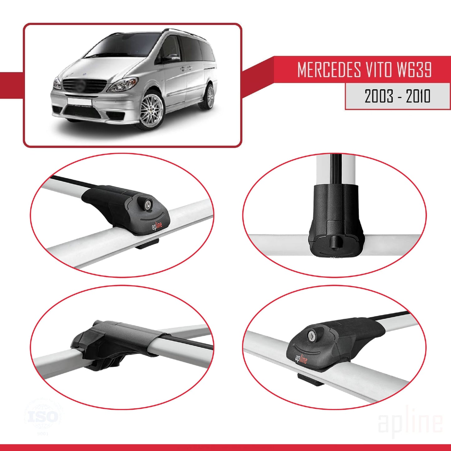 Compatible with Mercedes Vito 2 (W639) Pre-Facelift 2003-2010 ACE-1 Car Roof Rack Cross Bar Grey Aluminium 2 Bars