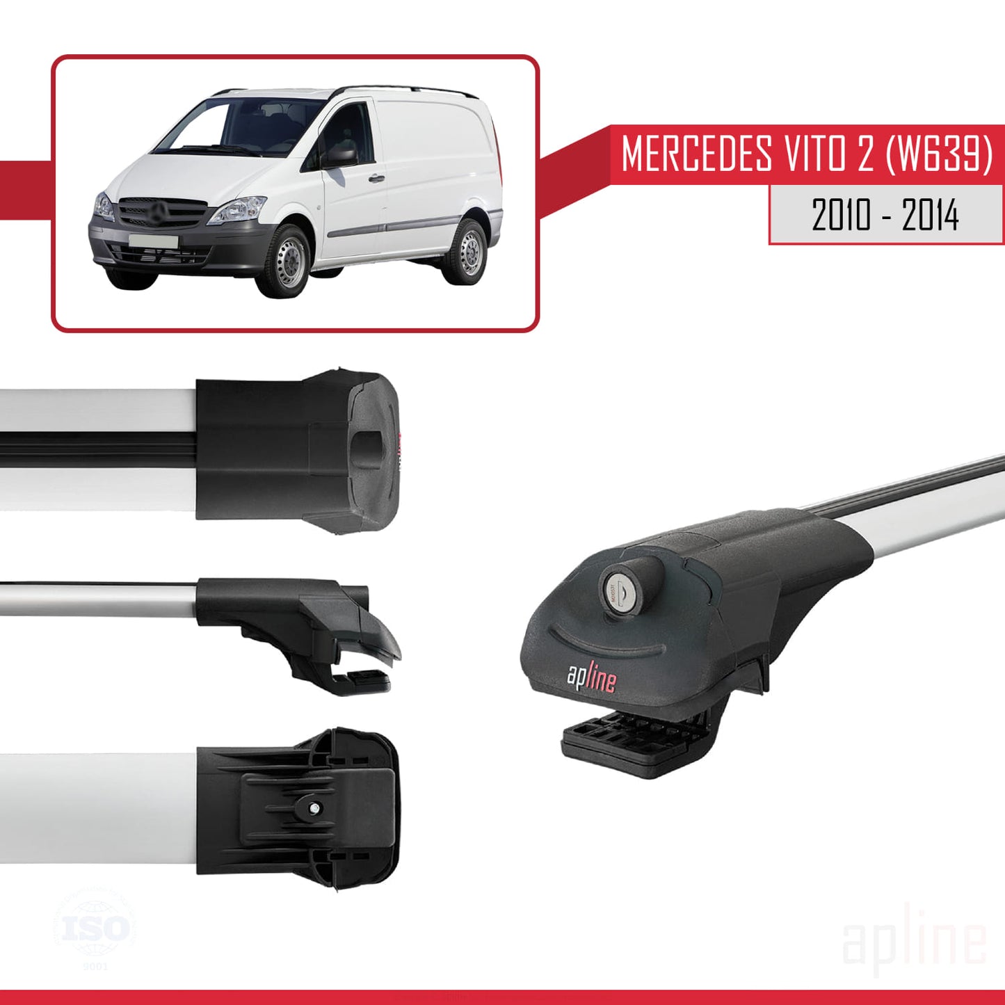 Compatible avec Mercedes Vito 2 (W639) Post-Facelift 2010-2014 ACE-1 Barres de Toit Railing Porte-Bagages de Voiture Gris Aluminium 4 Barres