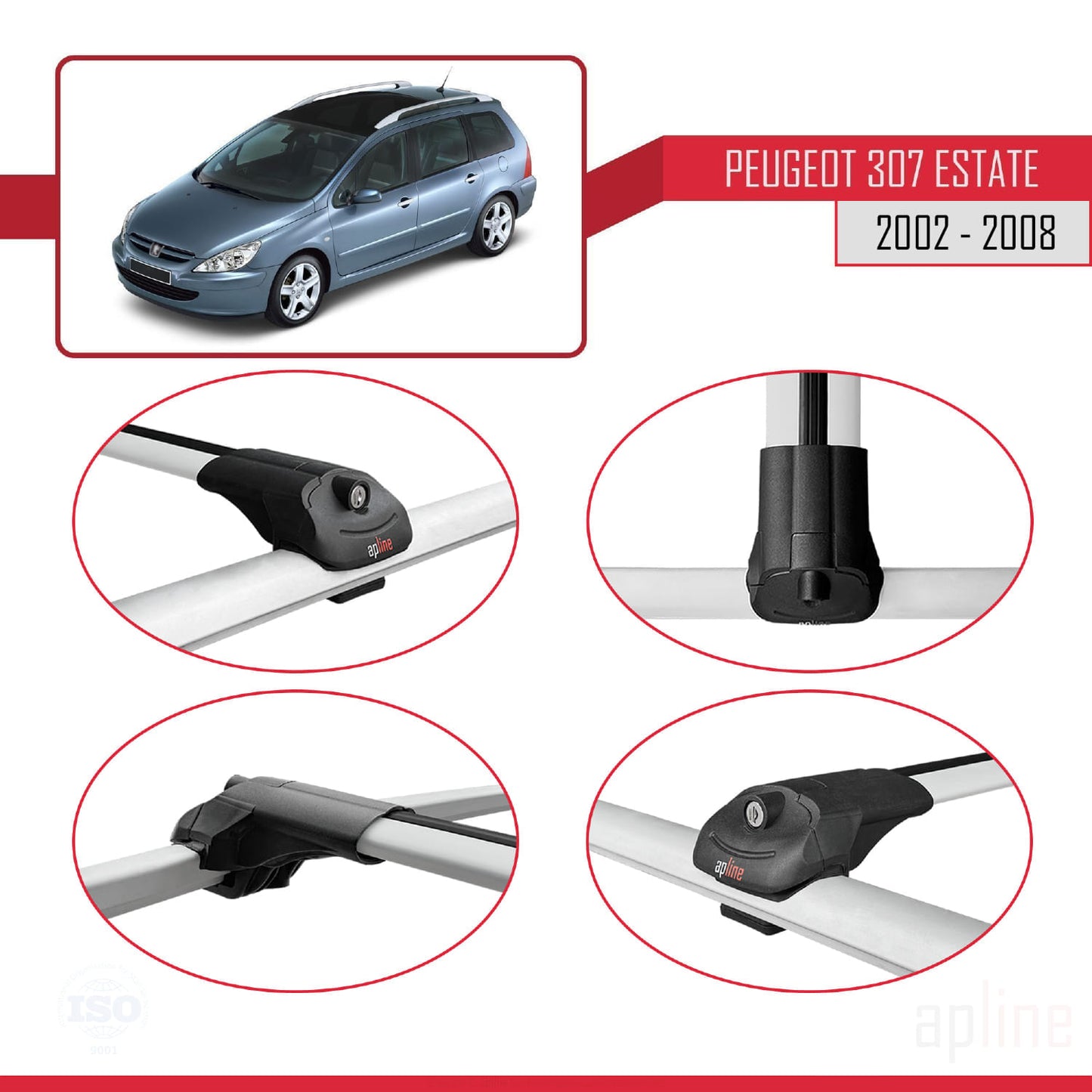 Compatible avec Peugeot 307 Break 2002-2008 ACE-1 Barres de Toit Railing Porte-Bagages de Voiture Gris Aluminium 3 Barres