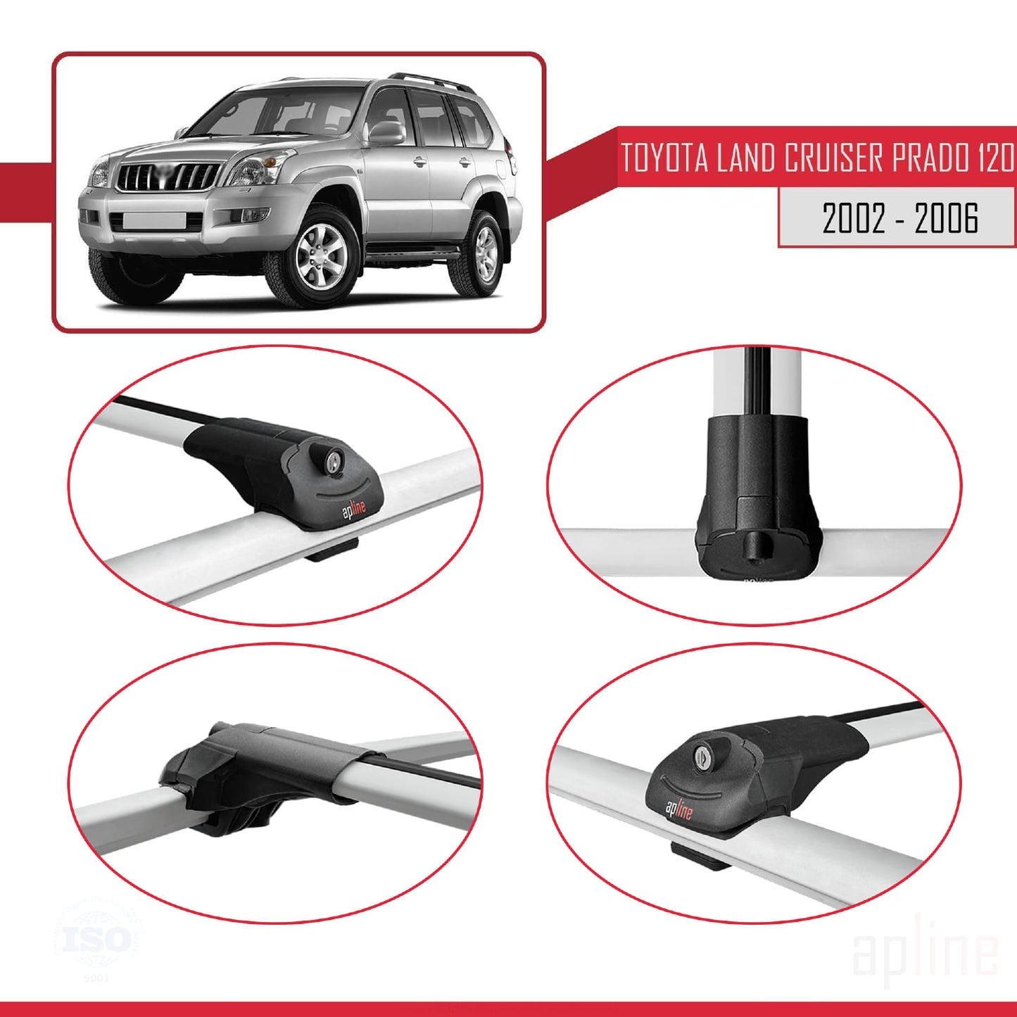 Compatible avec Toyota Land Cruiser Prado (J120) 2002-2006 ACE-1 Barres de Toit Railing Porte-Bagages de Voiture Gris Aluminium 3 Barres