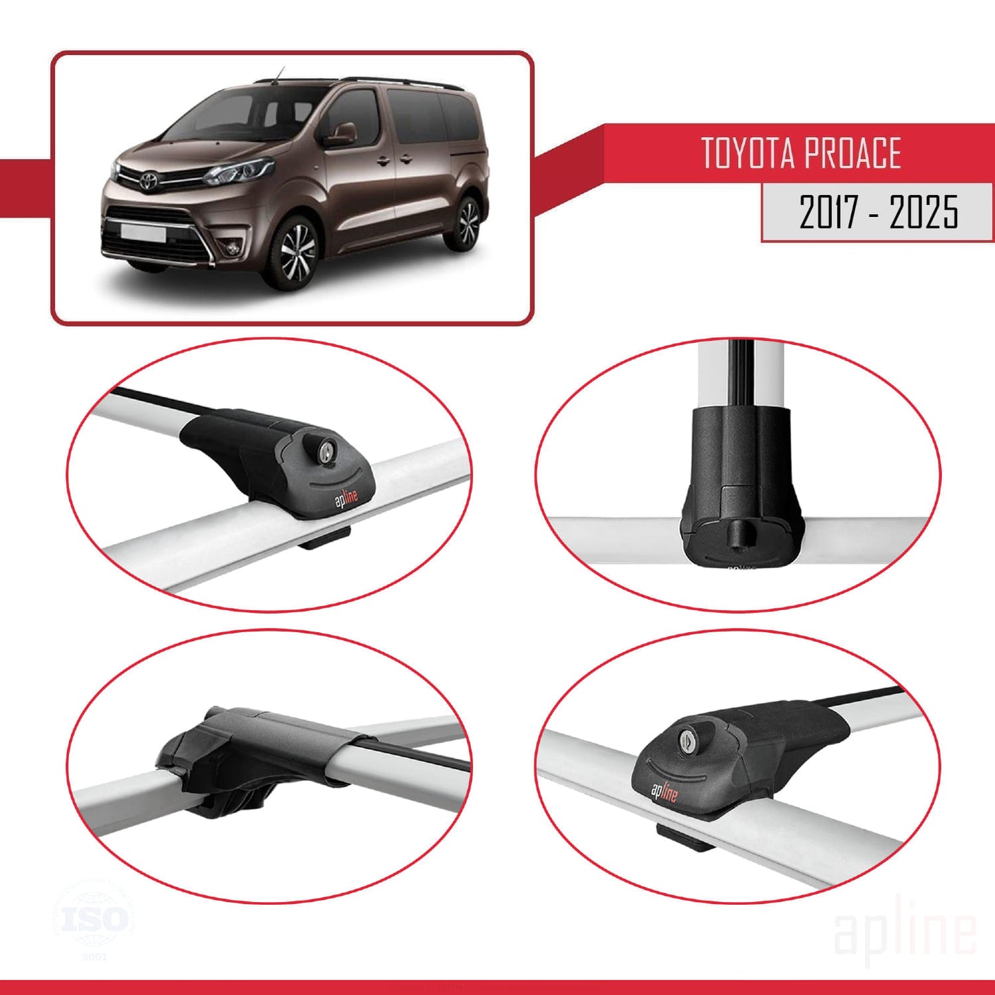 Compatible avec Toyota Proace 2017-2025 ACE-1 Barres de Toit Railing Porte-Bagages de Voiture Gris Aluminium 3 Barres