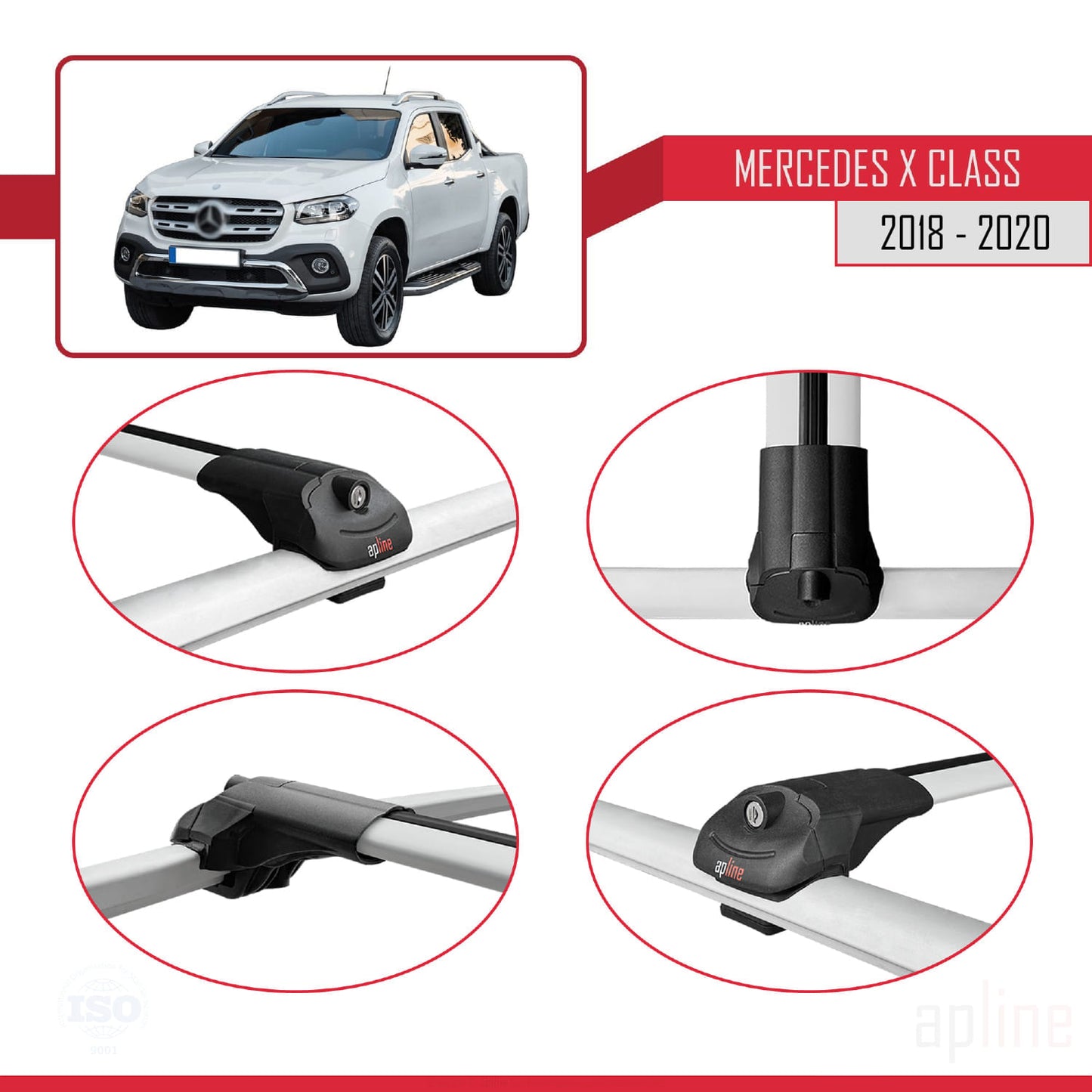 Compatible with Mercedes X Class (470) 2018-2020 ACE-1 Car Roof Rack Cross Bar Grey Aluminium 3 Bars