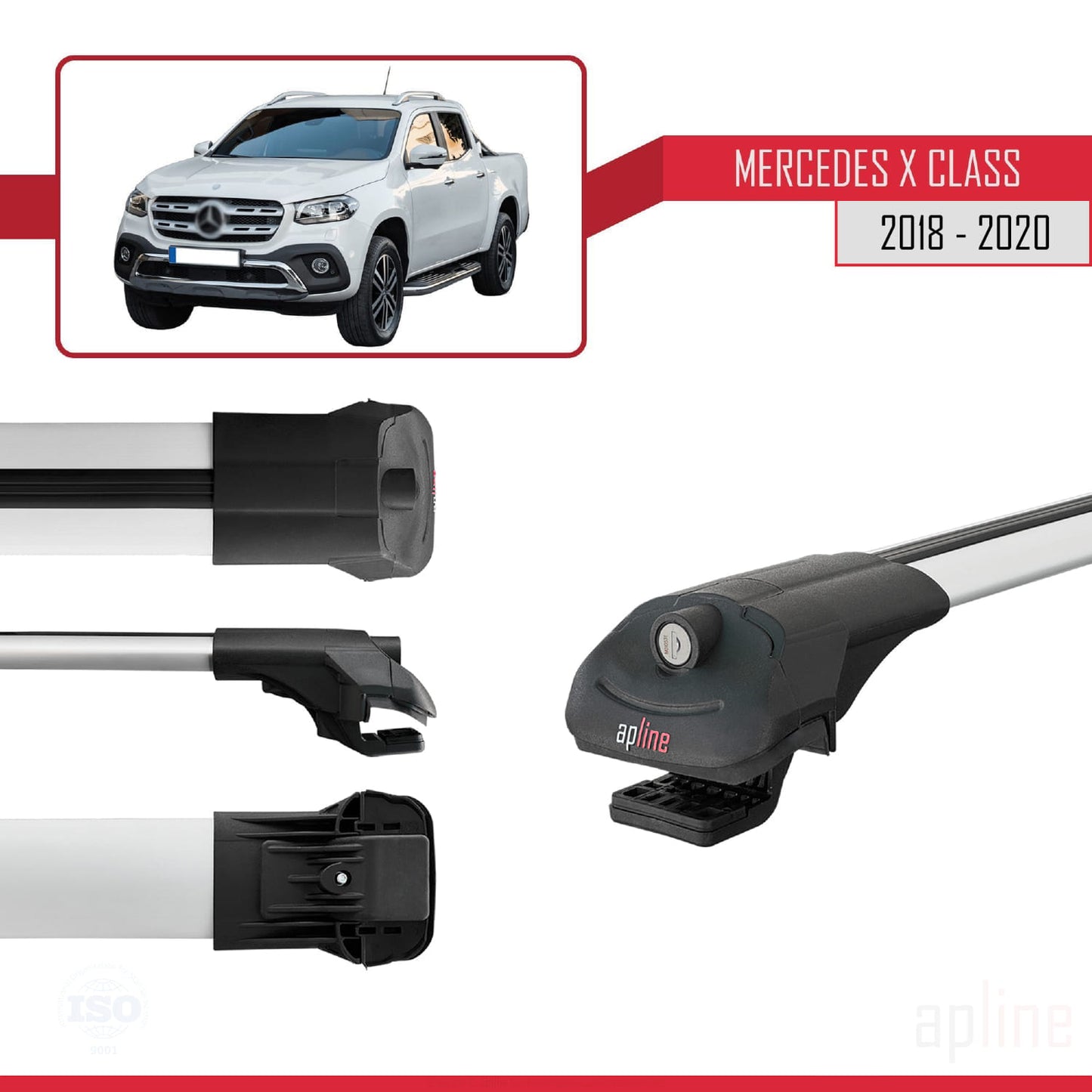 Compatible with Mercedes X Class (470) 2018-2020 ACE-1 Car Roof Rack Cross Bar Grey Aluminium 2 Bars