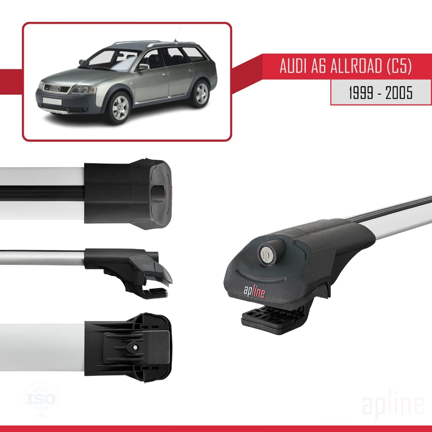 Compatible avec A6 (C5) Allroad 1999-2005 ACE-1 Barres de Toit Railing Porte-Bagages de Voiture Gris Aluminium 2 Barres