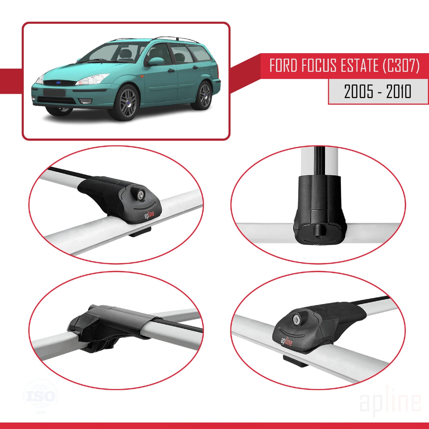 Compatible avec Ford Focus 2 (C307) Break 2005-2010 ACE-1 Barres de Toit Railing Porte-Bagages de Voiture Gris Aluminium 3 Barres