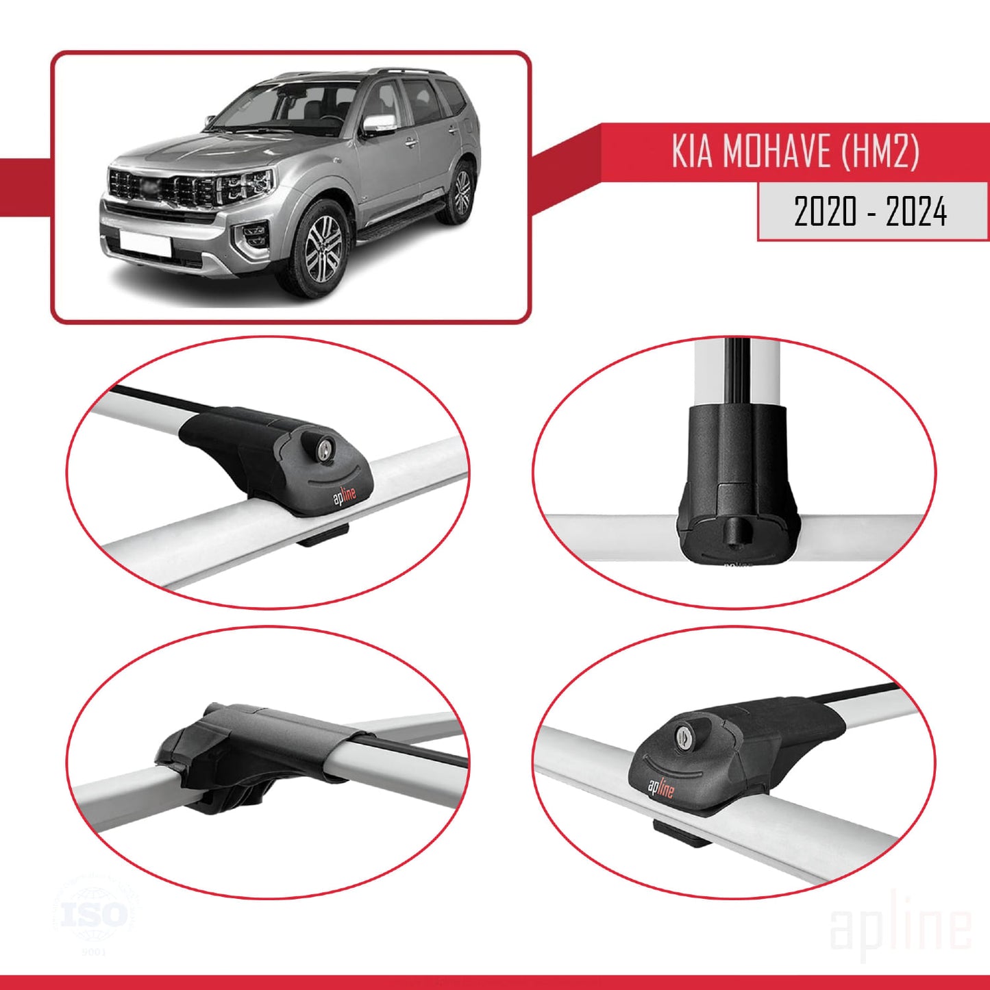 Compatible with Kia Mohave 2 (HM2) 2020-2024 ACE-1 Car Roof Rack Cross Bar Grey Aluminium 2 Bars