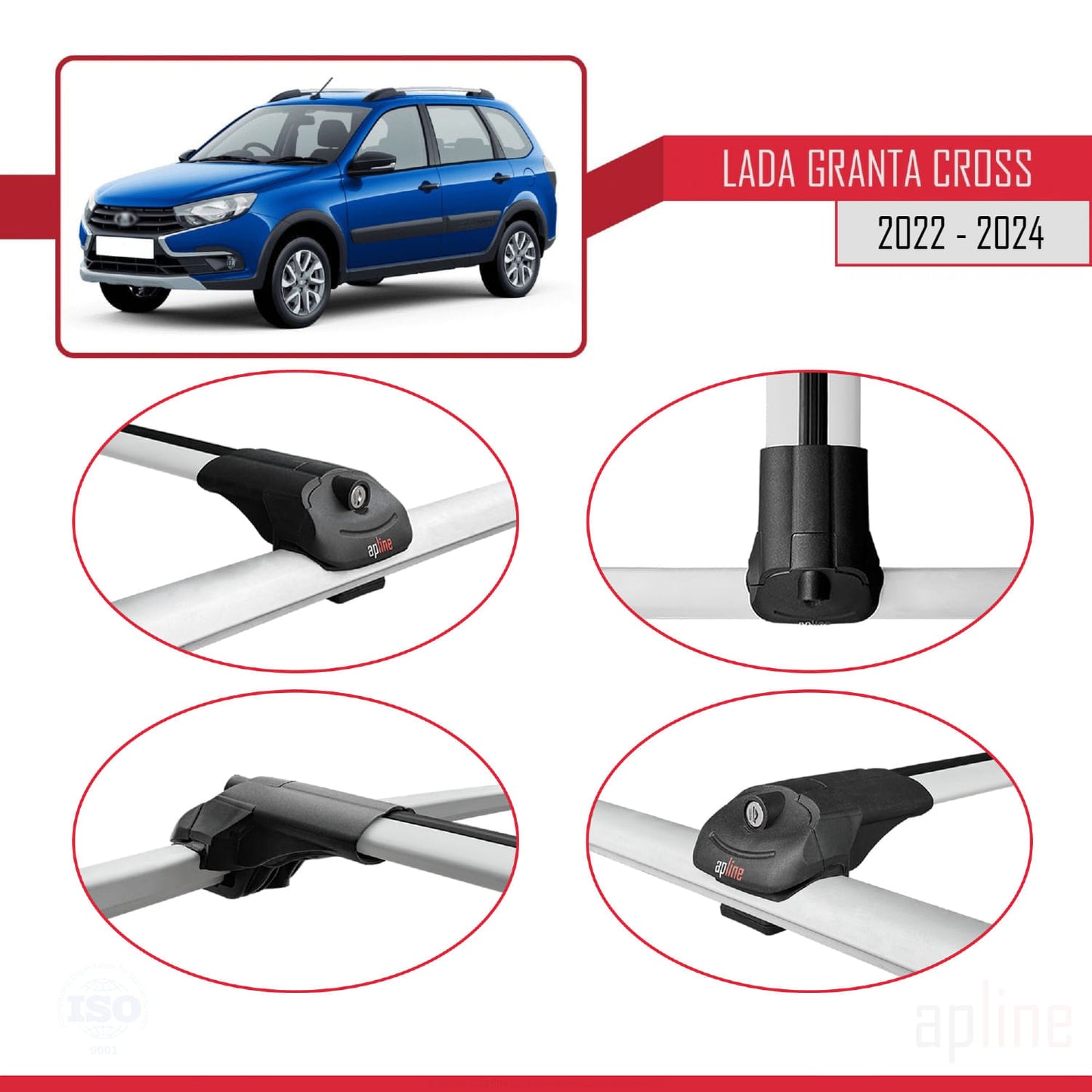 Compatible with Lada Granta Cross 2022-2024 ACE-1 Car Roof Rack Cross Bar Grey Aluminium 3 Bars
