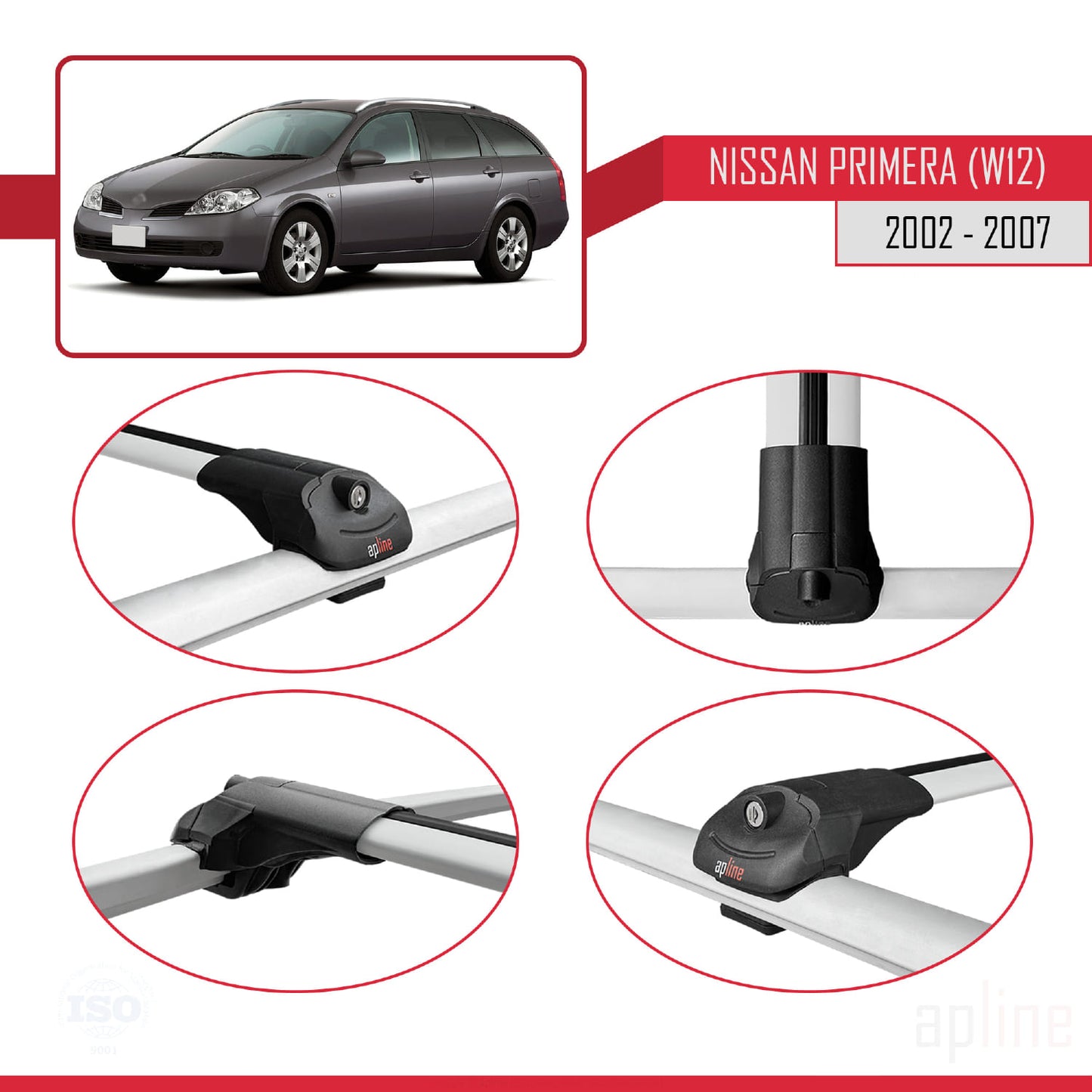 Compatible avec Nissan Primera 3 (W12) Traveller 2002-2007 ACE-1 Barres de Toit Railing Porte-Bagages de Voiture Gris Aluminium 3 Barres