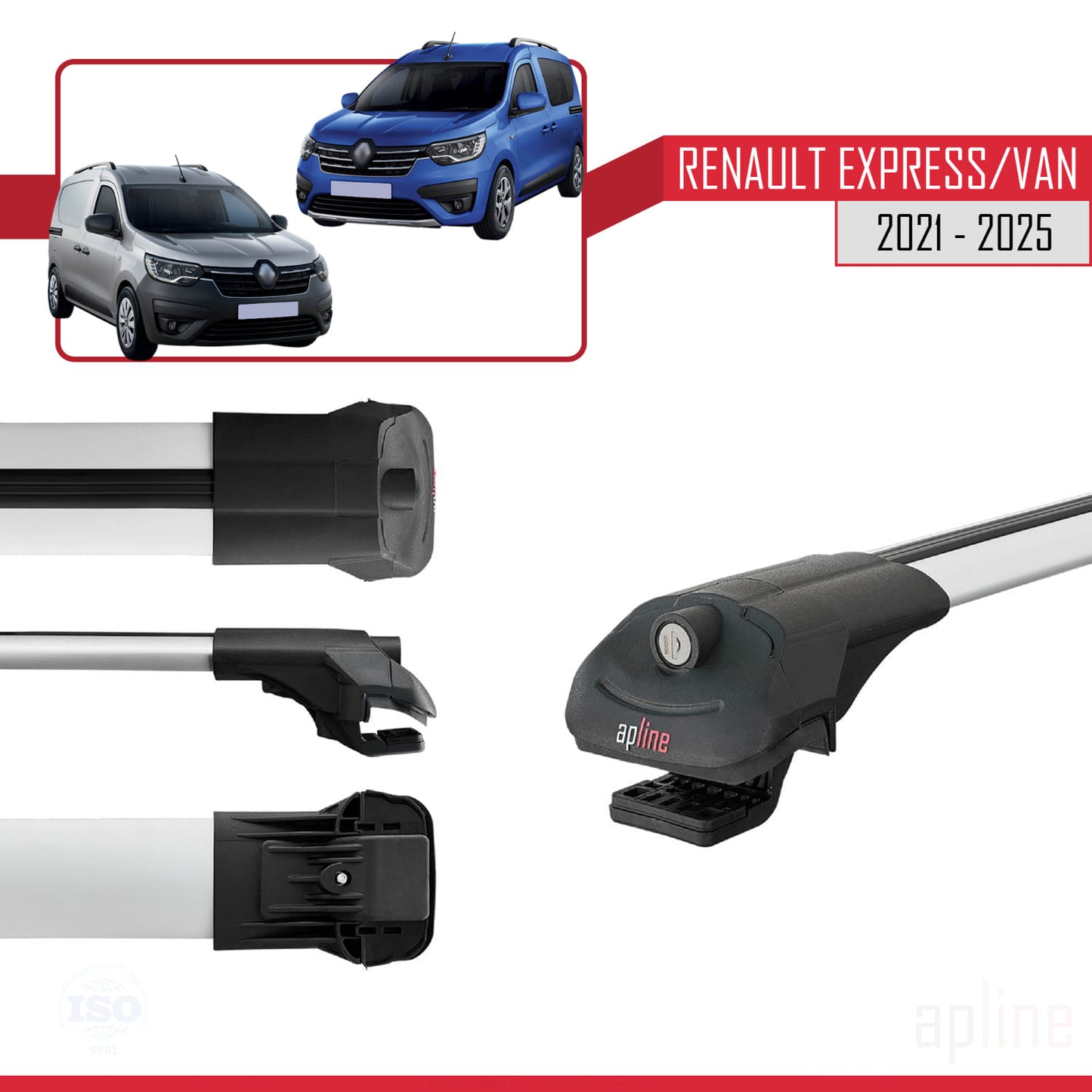 Compatible with Renault Express 2021-2025 ACE-1 Car Roof Rack Cross Bar Grey Aluminium 3 Bars