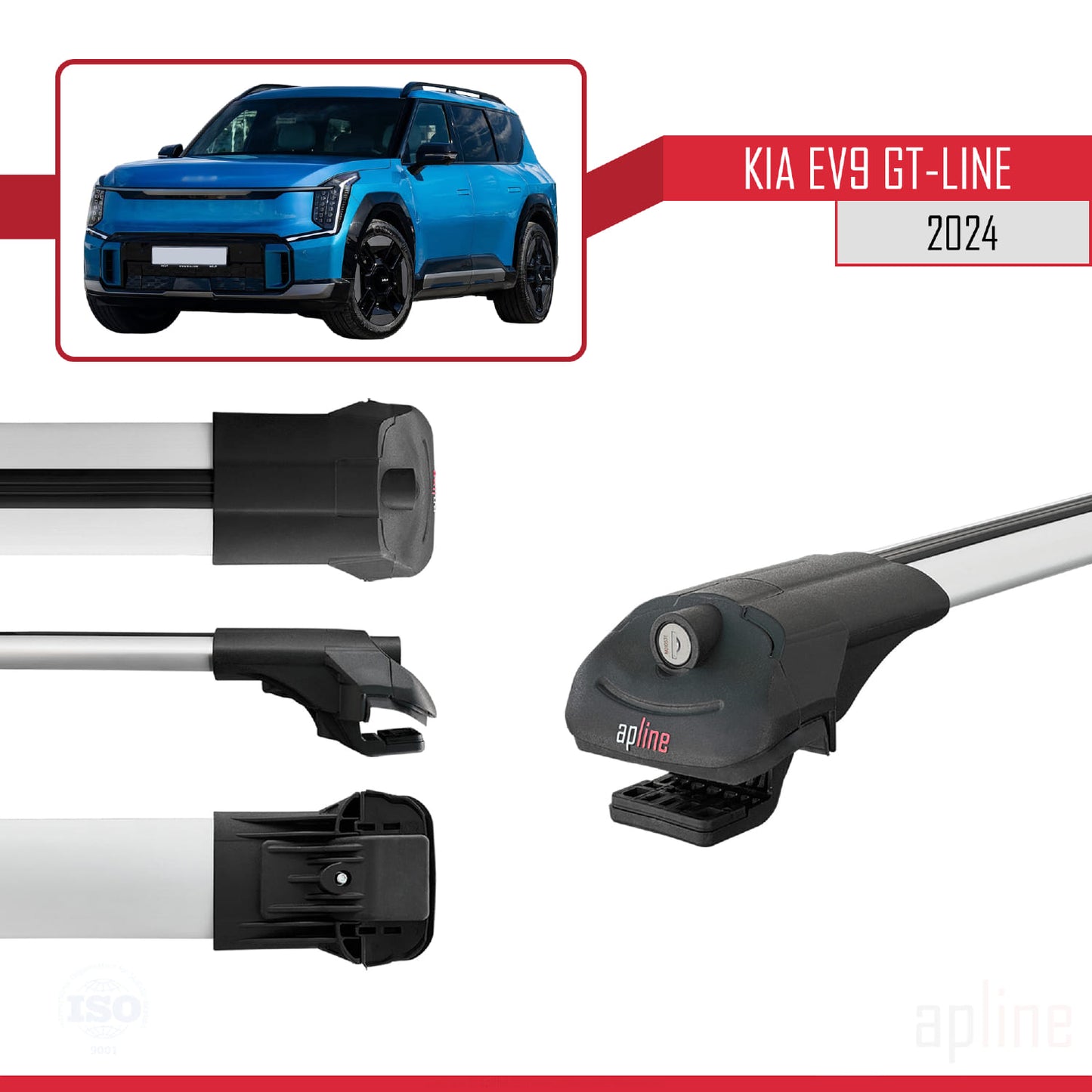 Compatible with KIA EV9 GT-LINE 2024-2025 ACE-1 Car Roof Rack Cross Bar Grey Aluminium 4 Bars