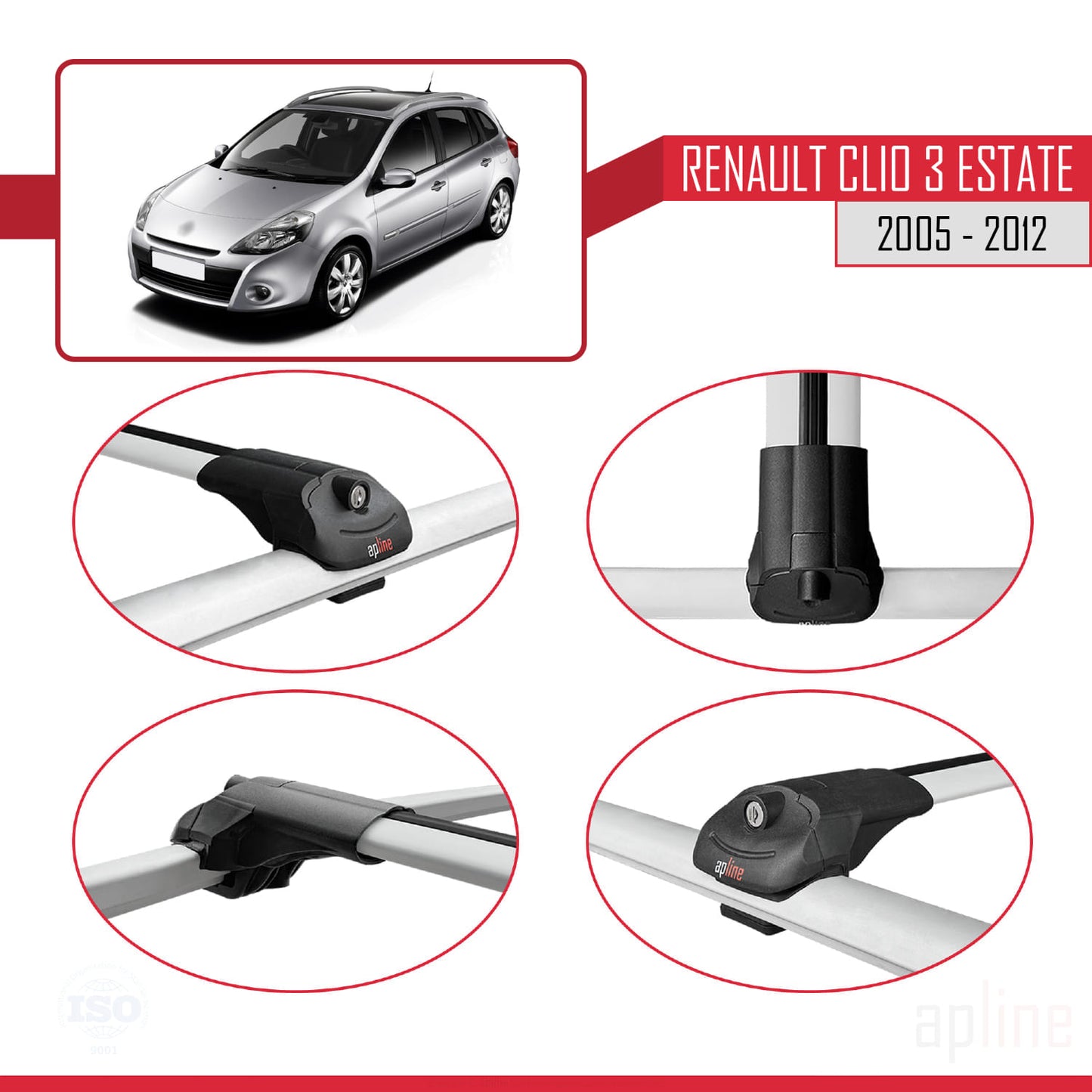 Compatible avec Renault Clio 3 Estate 2005-2012 ACE-1 Barres de Toit Railing Porte-Bagages de Voiture Gris Aluminium 2 Barres