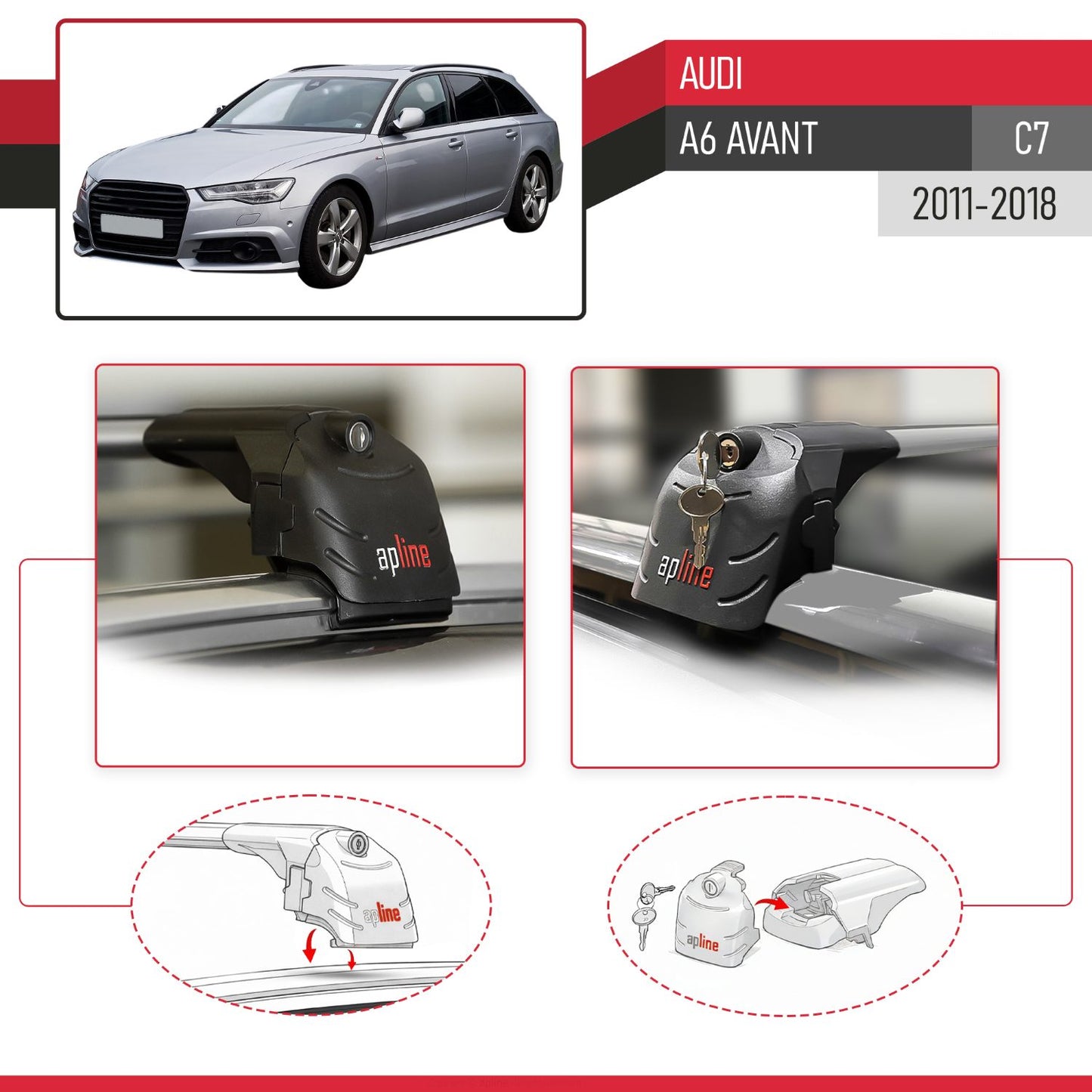 Compatible with A6 (C7) Avant 2011-2018 ACE-2 Car Roof Rack Cross Bar Grey Aluminium 2 Bars