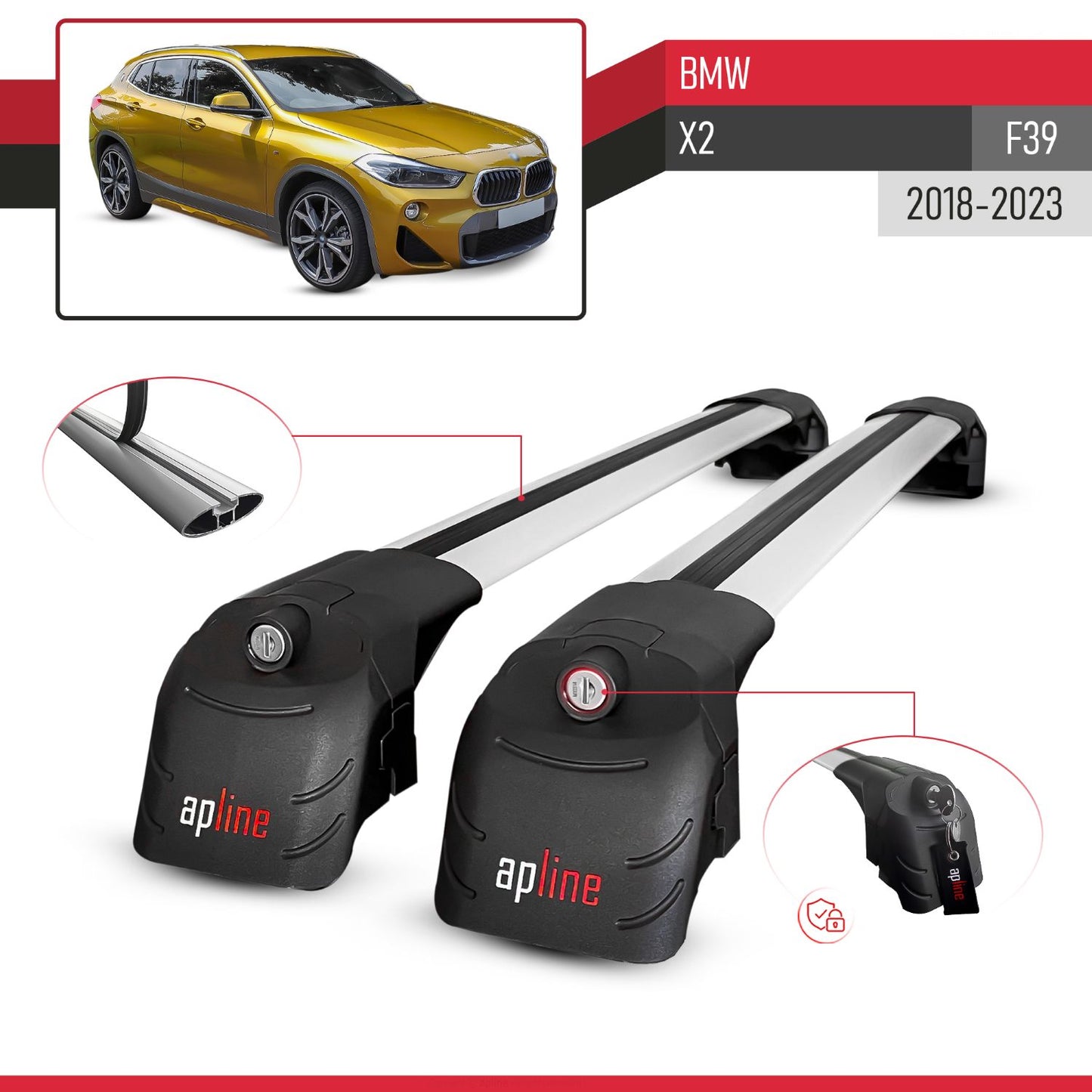 Compatible avec BMW X2 (F39) 2018-2023 ACE-2 modèle Barres de Toit Railing Porte-Bagages de Voiture Gris Aluminium Barres