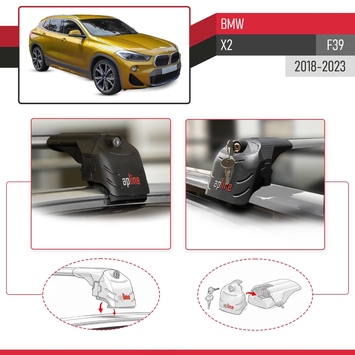 Compatible avec BMW X2 (F39) 2018-2023 ACE-2 modèle Barres de Toit Railing Porte-Bagages de Voiture Gris Aluminium Barres