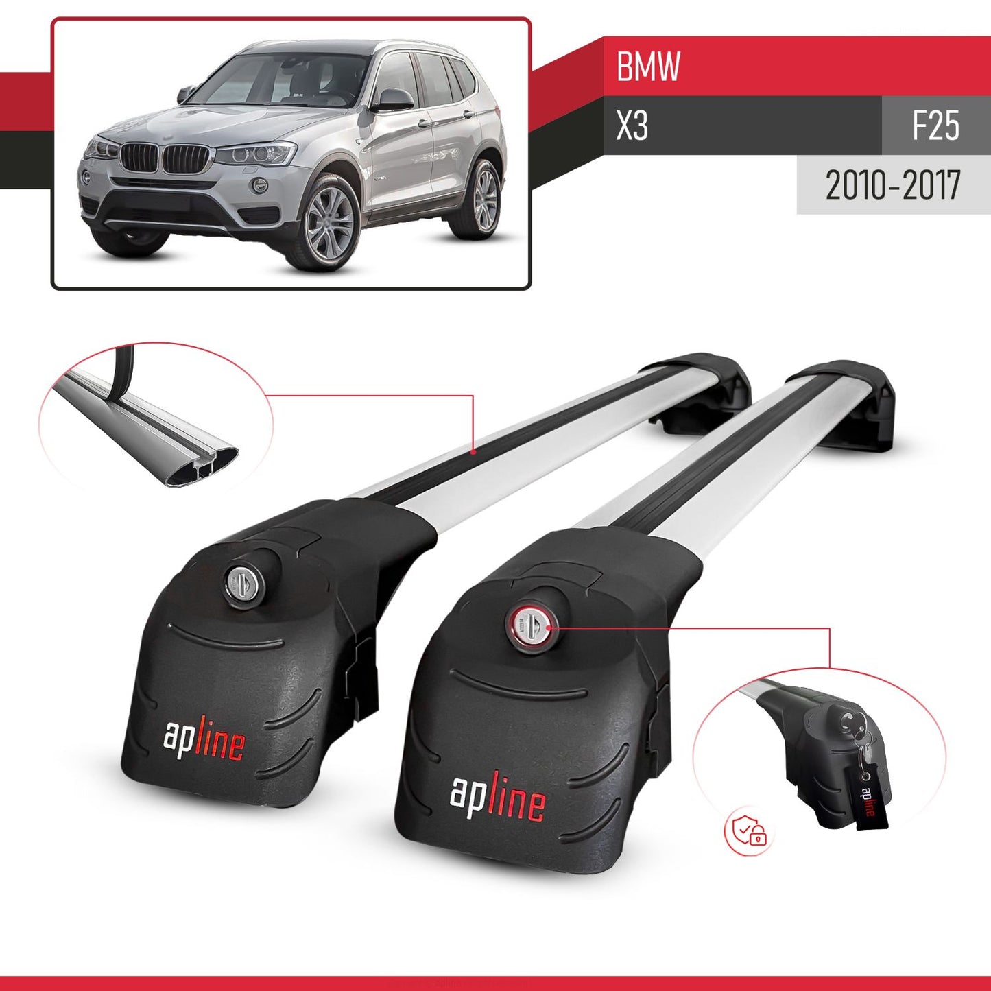 Compatible with BMW X3 (F25) 2011-2017 ACE-2 Car Roof Rack Cross Bar Grey Aluminium 2 Bars
