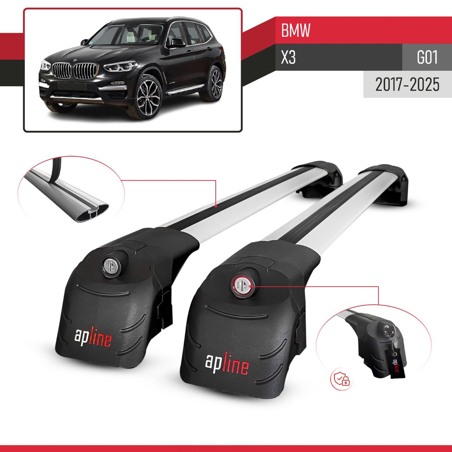 Compatible avec BMW X3 (G01) 2017-2025 ACE-2 modèle Barres de Toit Railing Porte-Bagages de Voiture Gris Aluminium Barres