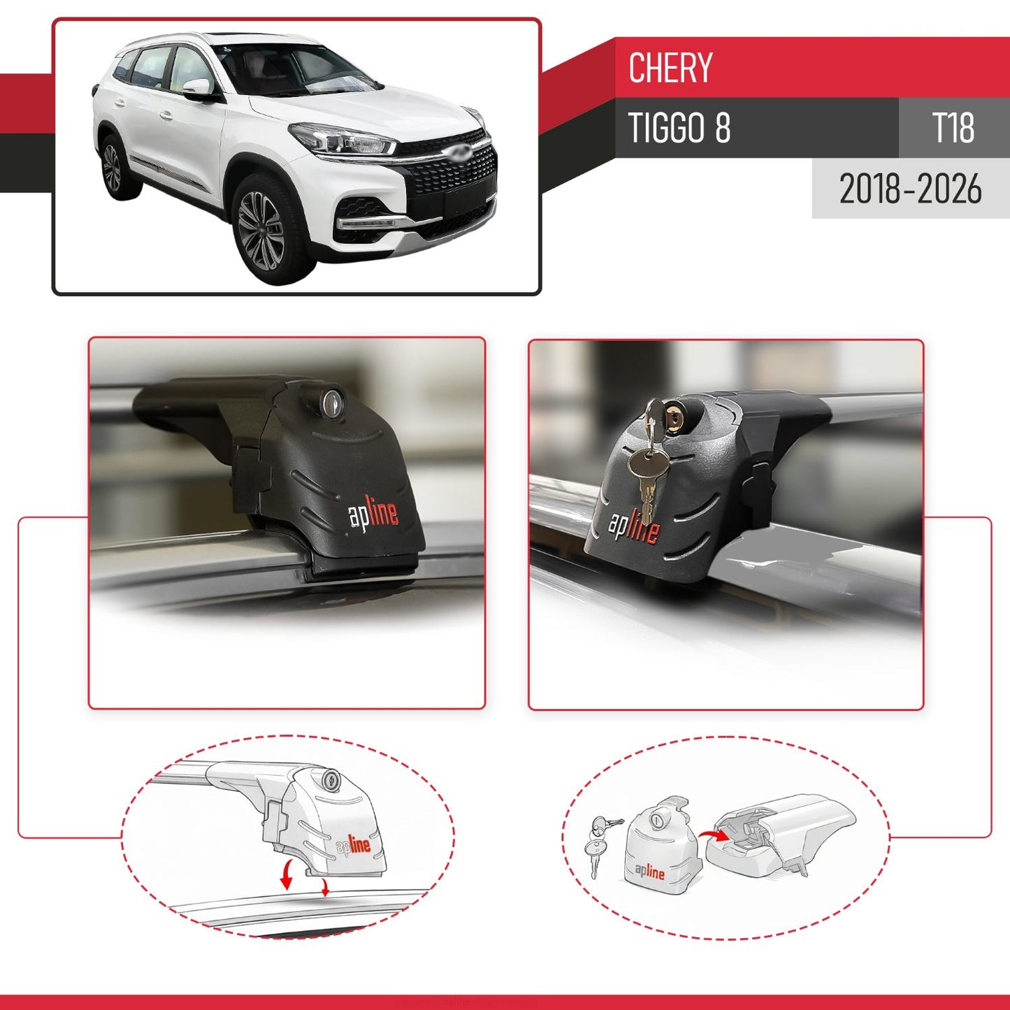 Compatible avec Chery Tiggo 8 (T18) 2018-2026 ACE-2 modèle Barres de Toit Railing Porte-Bagages de Voiture Gris Aluminium Barres