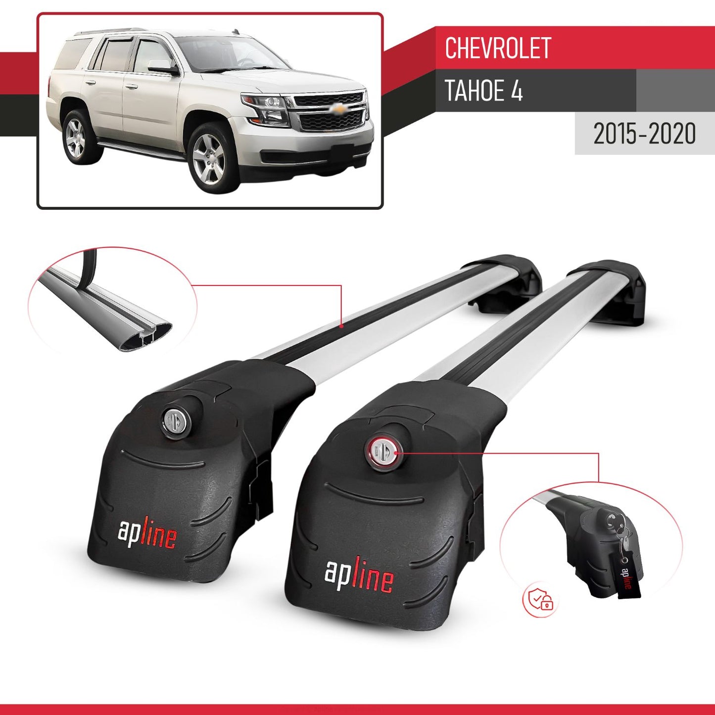 Compatible avec Chevrolet Tahoe 4 2015-2020 ACE-2 modèle Barres de Toit Railing Porte-Bagages de Voiture Gris Aluminium Barres
