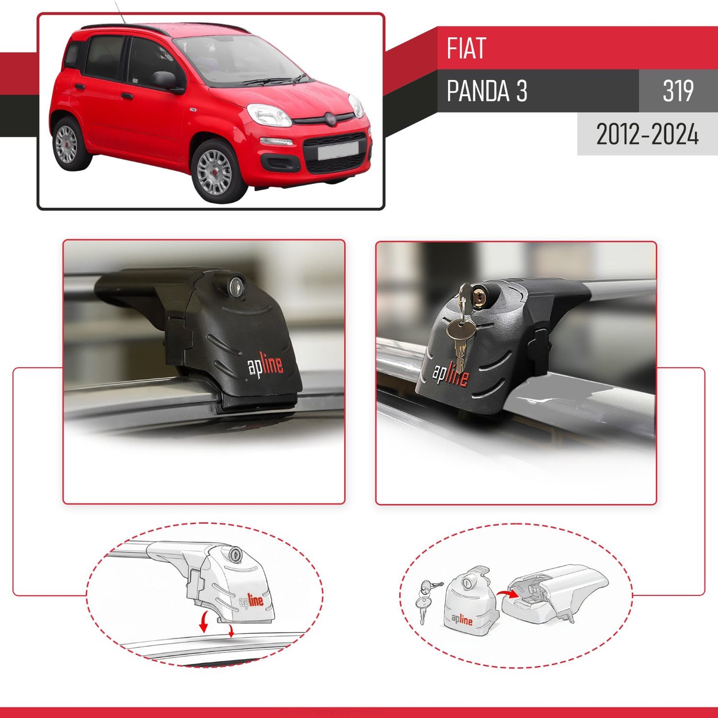 Compatible avec Fiat Panda 3 (319) 2012-2024 ACE-2 modèle Barres de Toit Railing Porte-Bagages de Voiture Gris Aluminium Barres