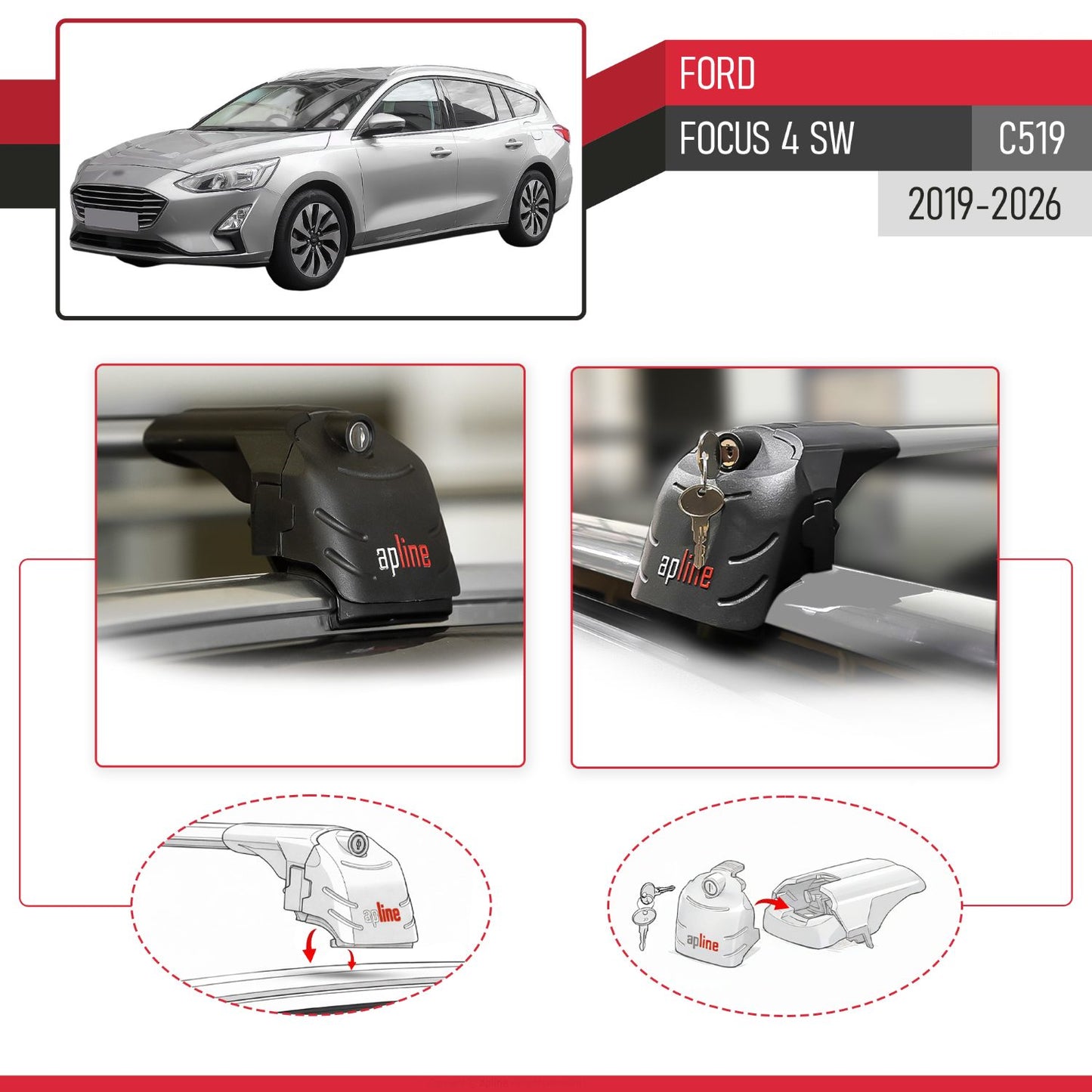 Compatible avec Ford Focus 4 (C519) SW 2019-2026 ACE-2 modèle Barres de Toit Railing Porte-Bagages de Voiture Gris Aluminium Barres
